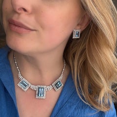 Custom 14K White Gold Natural Aquamarine & Diamond 46CTW Necklace Earring Suite