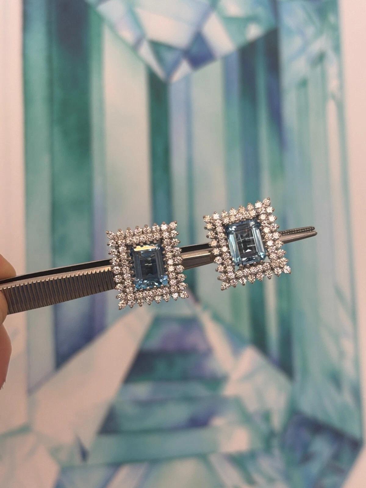 Art Deco Custom 14K White Gold Natural Aquamarine & Diamond 46CTW Necklace Earring Suite For Sale