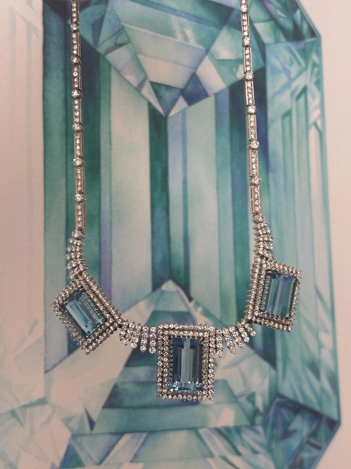 Brilliant Cut Custom 14K White Gold Natural Aquamarine & Diamond 46CTW Necklace Earring Suite For Sale