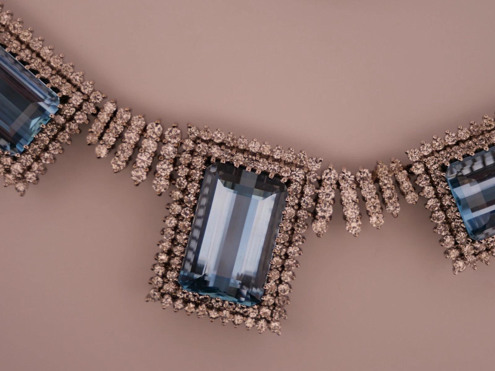 Women's Custom 14K White Gold Natural Aquamarine & Diamond 46CTW Necklace Earring Suite For Sale