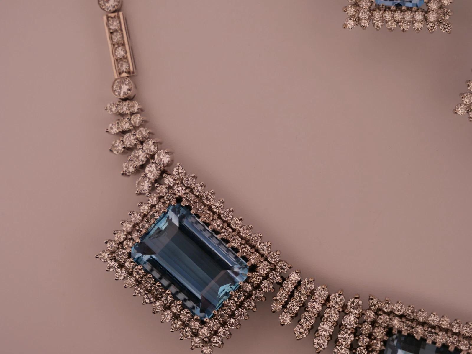 Custom 14K White Gold Natural Aquamarine & Diamond 46CTW Necklace Earring Suite For Sale 1