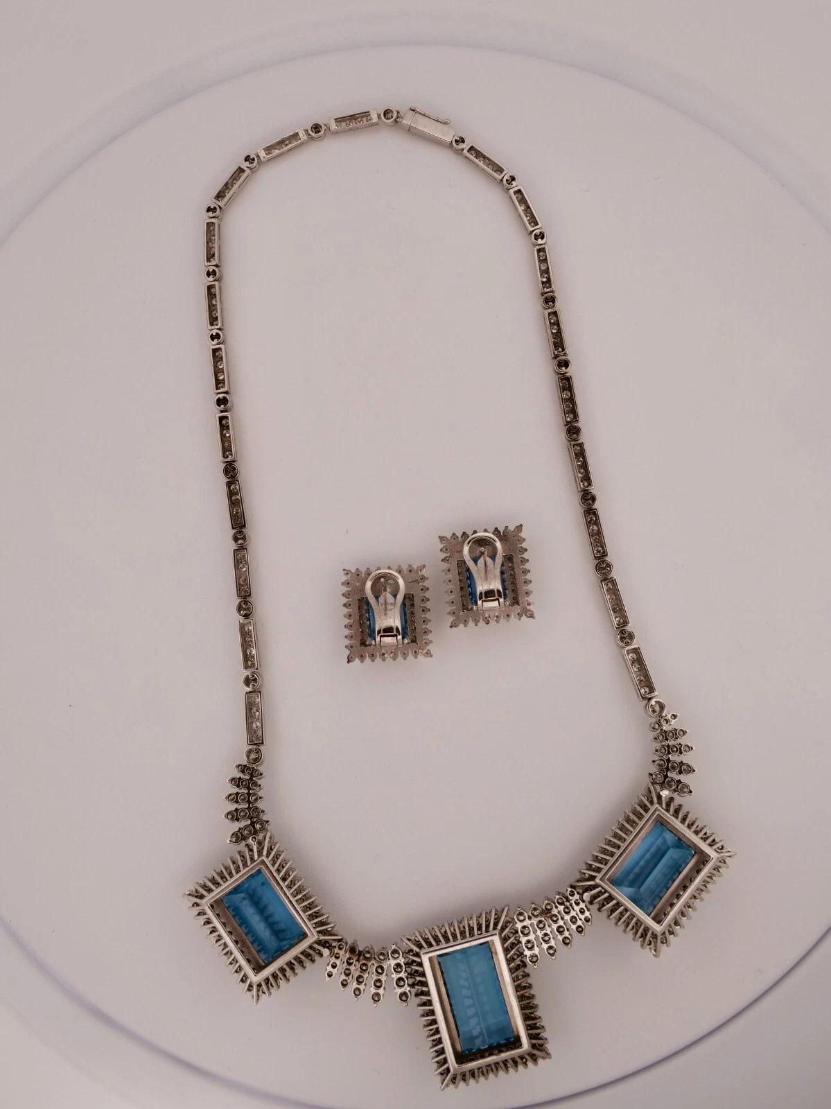 Custom 14K White Gold Natural Aquamarine & Diamond 46CTW Necklace Earring Suite For Sale 2