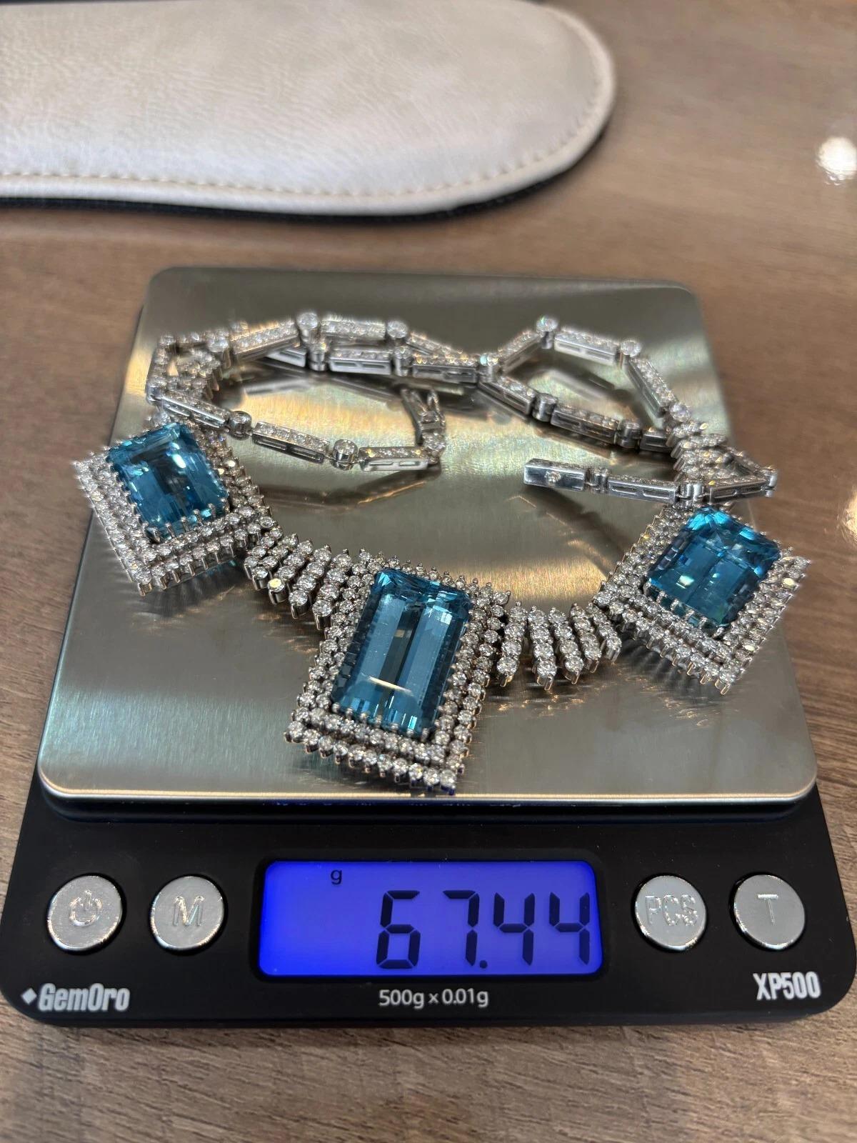 Custom 14K White Gold Natural Aquamarine & Diamond 46CTW Necklace Earring Suite For Sale 3