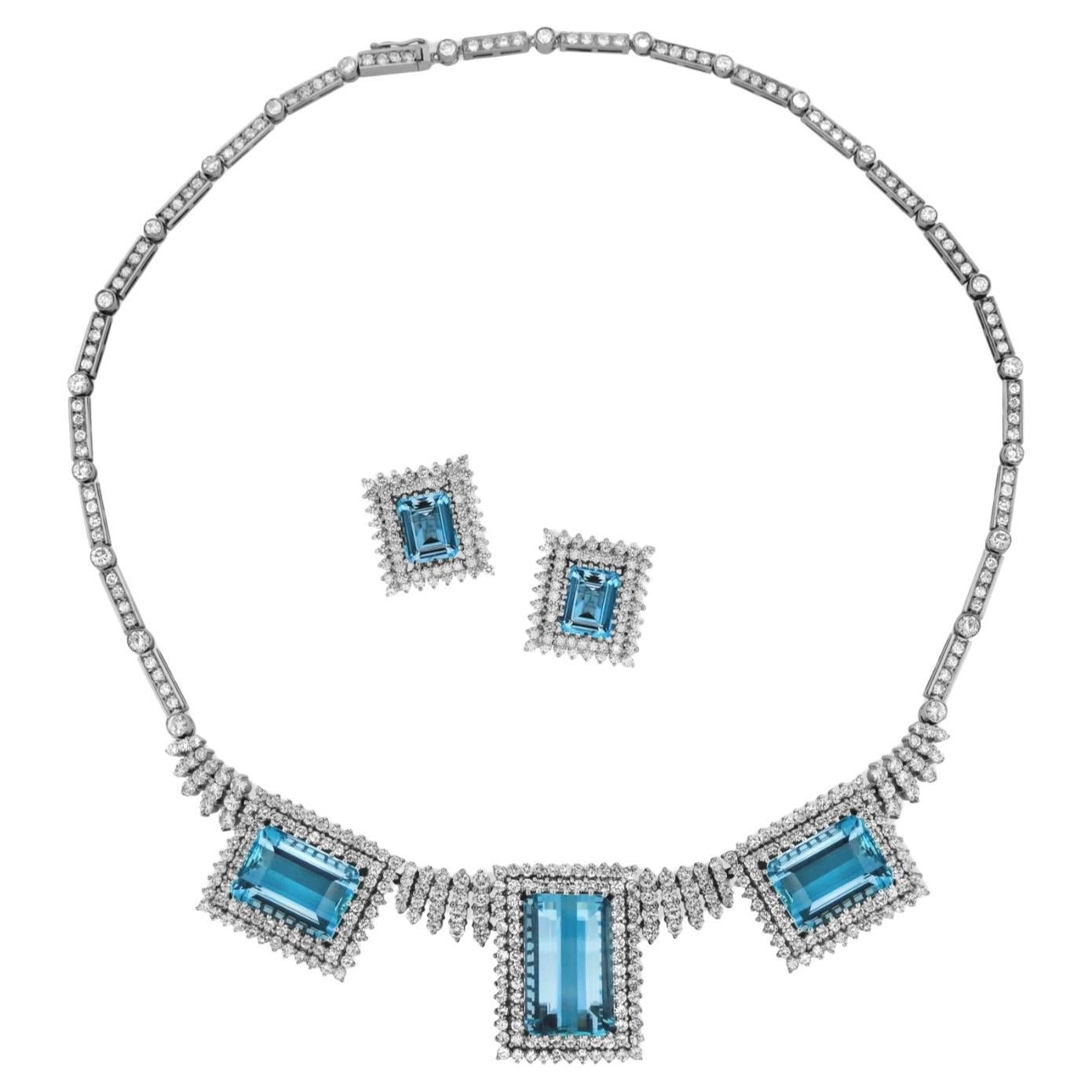 Custom 14K White Gold Natural Aquamarine & Diamond 46CTW Necklace Earring Suite For Sale