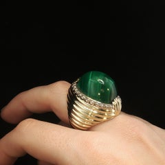 Anillo llamativo personalizado de oro amarillo de 14K con malaquita y diamantes, 0,72 CTW, talla 7,25, 27,4 g