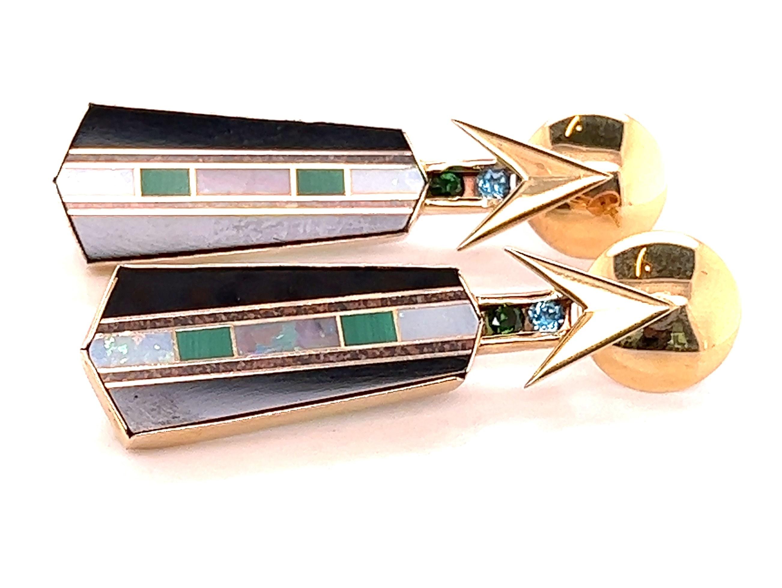 Round Cut Custom 14kt Inlaid Opal/ Malachite & Onyx Earrings with Gemstones