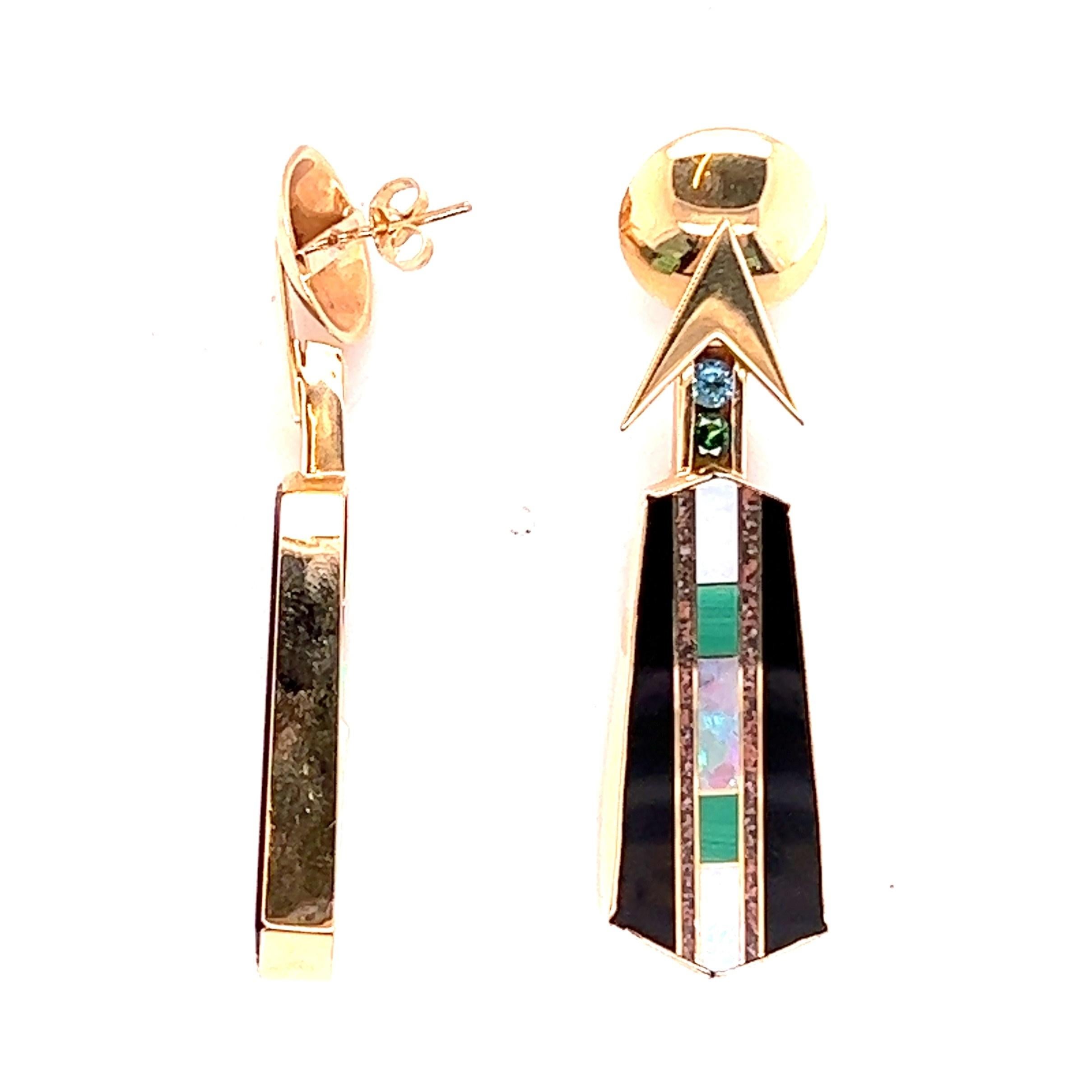 Custom 14kt Inlaid Opal/ Malachite & Onyx Earrings with Gemstones In Good Condition In Towson, MD