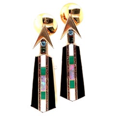 Custom 14kt Inlaid Opal/ Malachite & Onyx Earrings with Gemstones