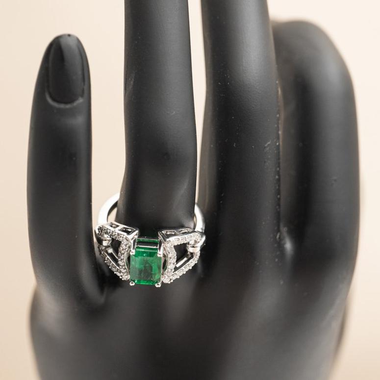 Emerald Cut Custom 18k White Gold 1.88ct Panjshir Afghan Emerald And Diamond Cocktail Ring For Sale