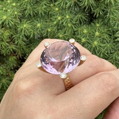 Custom 18k Yellow Gold Large 55ct Round Kunzite Diamond Prongs Textured Ring