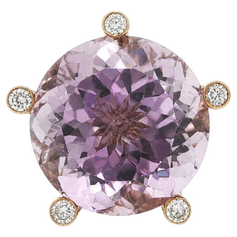 Custom 18k Yellow Gold Large 55ct Round Kunzite Diamond Prongs Textured Ring For Sale