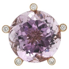 Custom 18k Yellow Gold Large 55ct Round Kunzite Diamond Prongs Textured Ring
