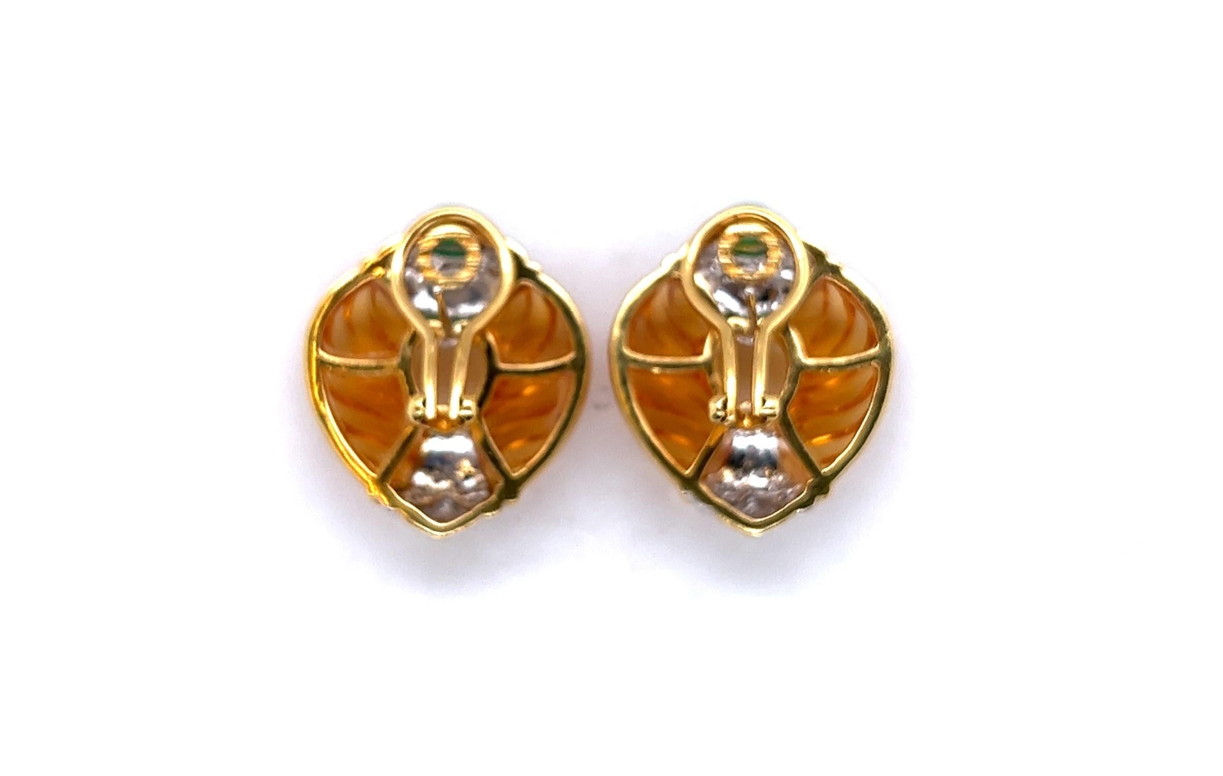 Custom 18kt Carved Citrine, Emerald Cabochon and Diamond Earrings In Good Condition For Sale In Towson, MD