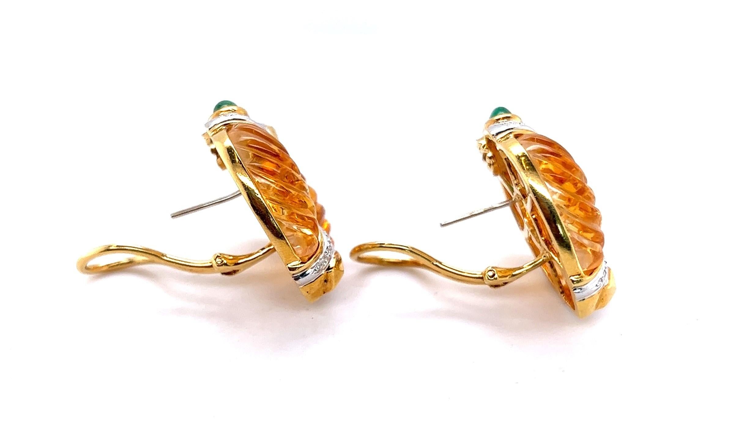 Women's or Men's Custom 18kt Carved Citrine, Emerald Cabochon and Diamond Earrings For Sale
