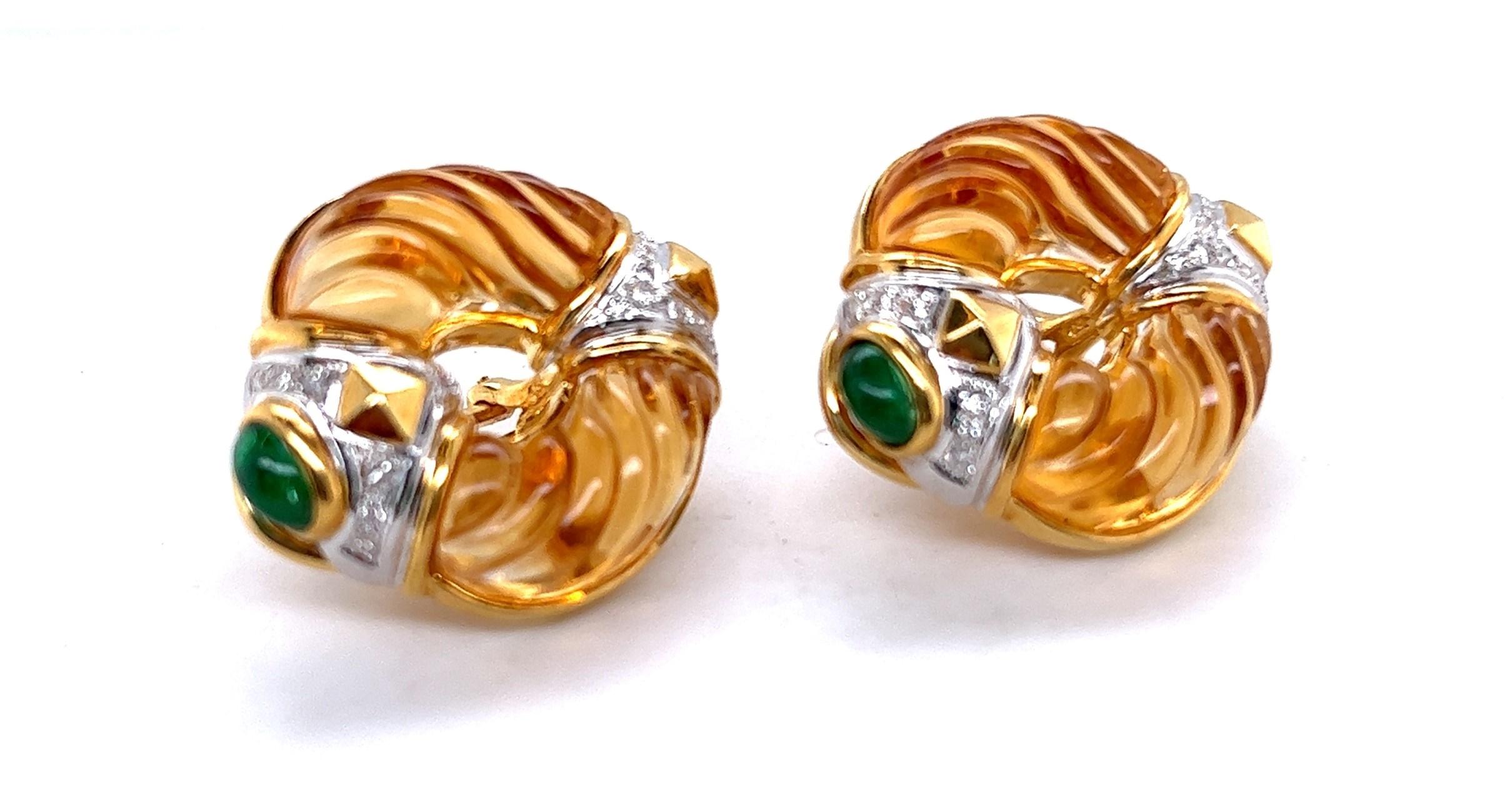 Custom 18kt Carved Citrine, Emerald Cabochon and Diamond Earrings For Sale 1