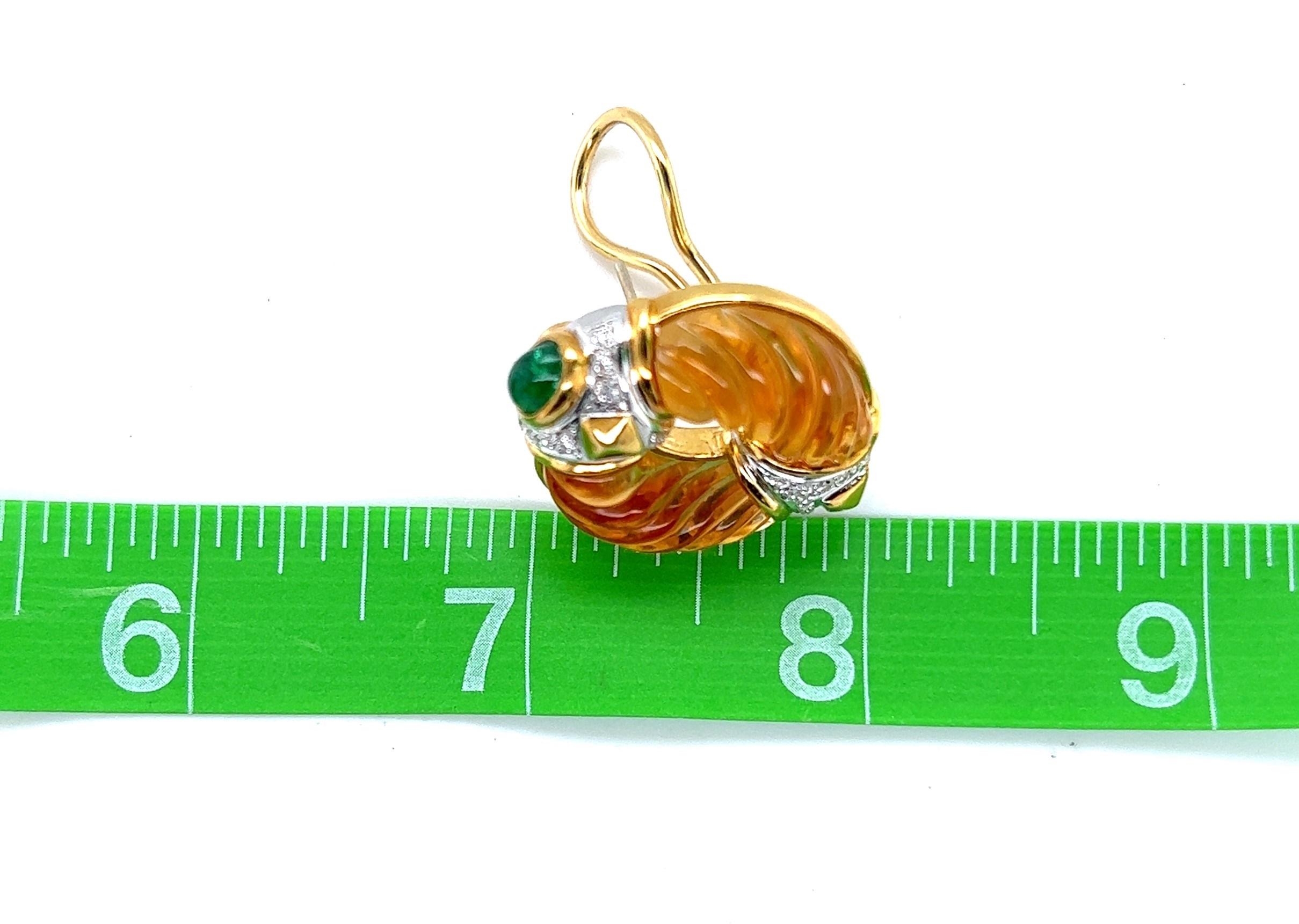 Custom 18kt Carved Citrine, Emerald Cabochon and Diamond Earrings For Sale 3