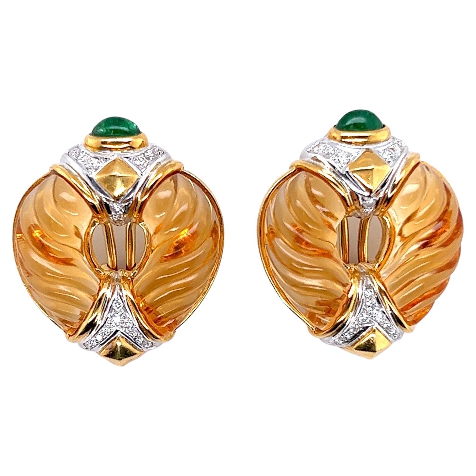 Custom 18kt Carved Citrine, Emerald Cabochon and Diamond Earrings For Sale