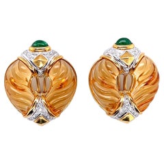 Vintage Custom 18kt Carved Citrine, Emerald Cabochon and Diamond Earrings
