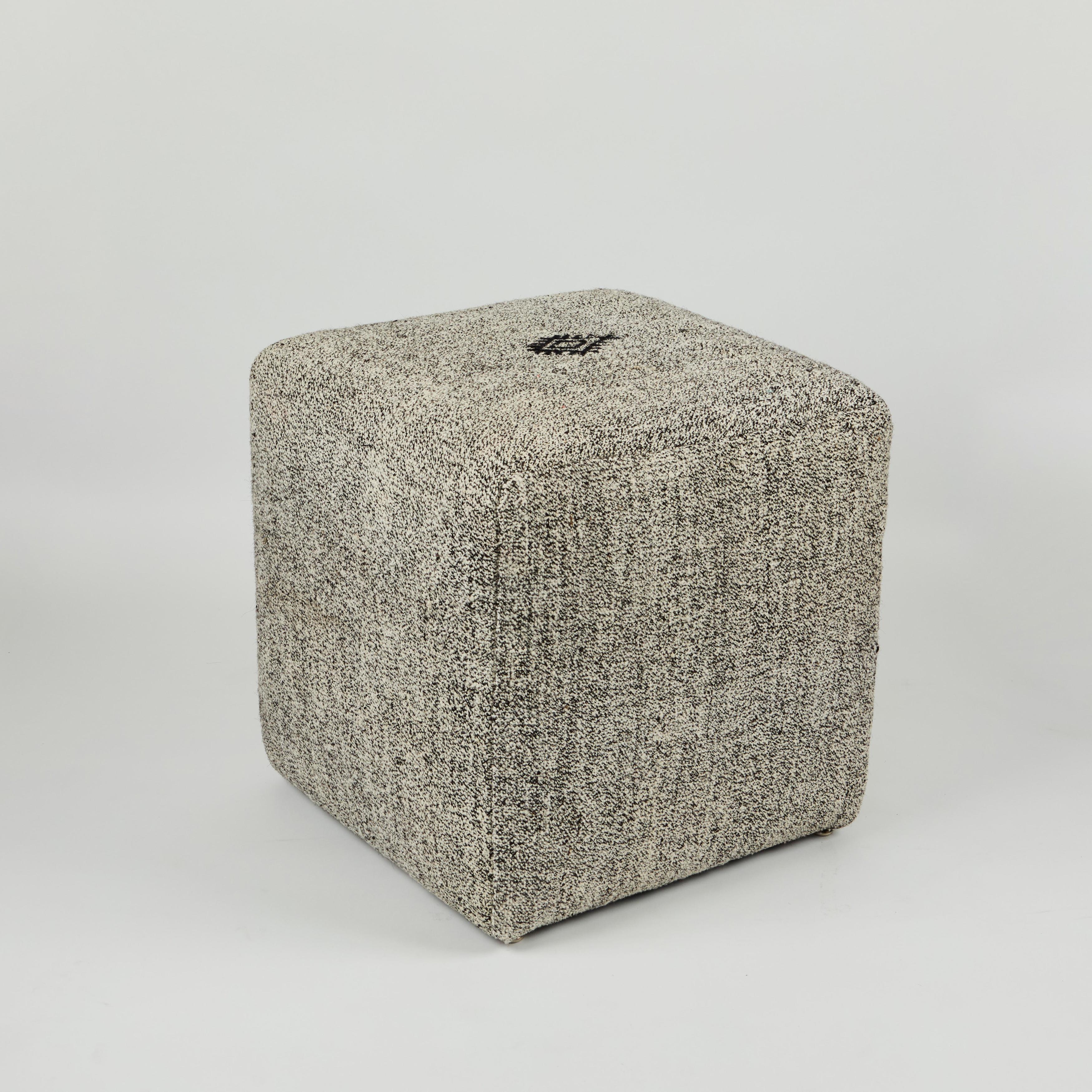 We love these fantastic and functional custom cube stools. They have been newly upholstered in a handsome hand woven vintage black and cream wool rug from Turkey. These stools are sold separately. (pair available, slight variation)

18
