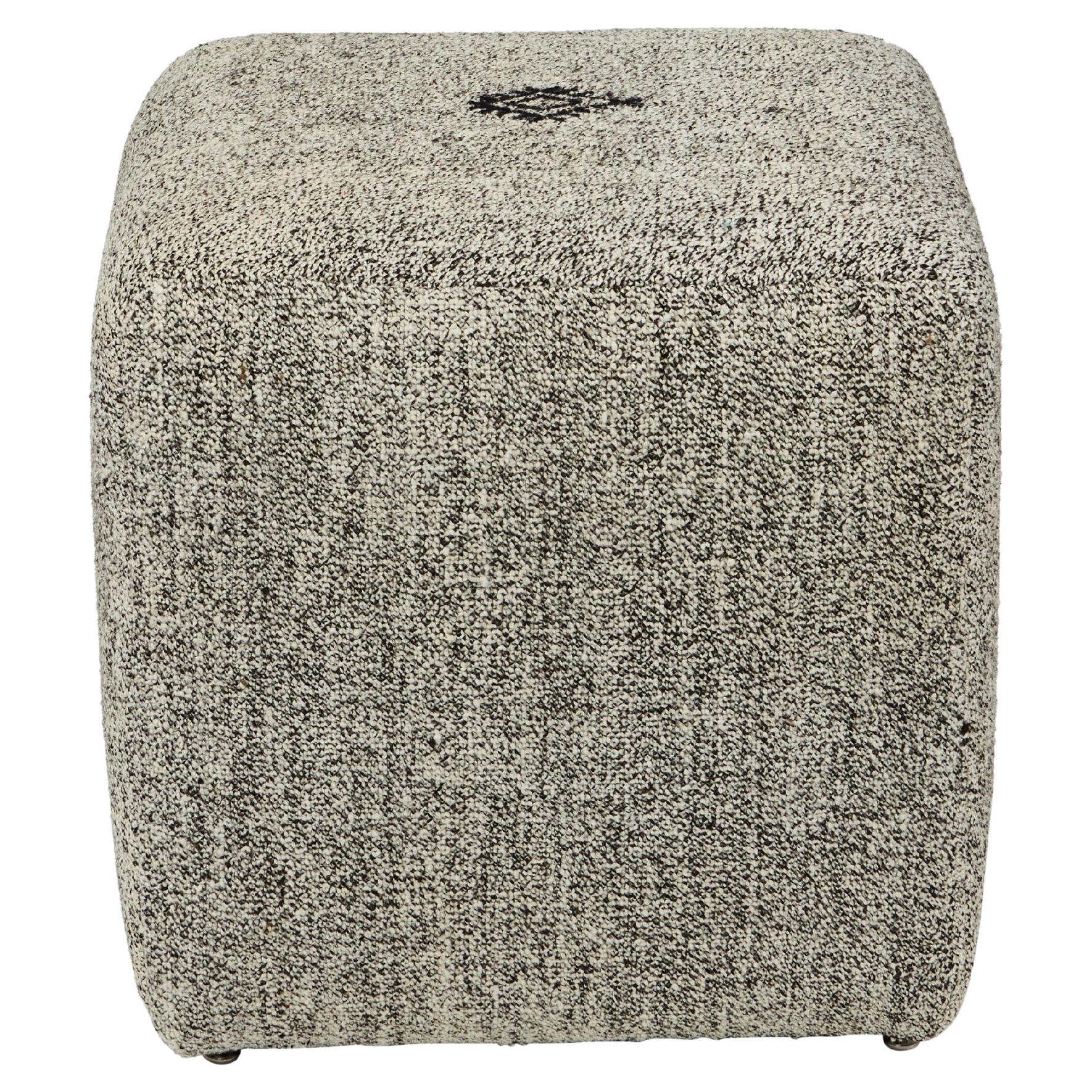 Custom 18"x18"x18" Cube Stool, Upholstered in a Vintage Black + Cream Wool Rug in vendita