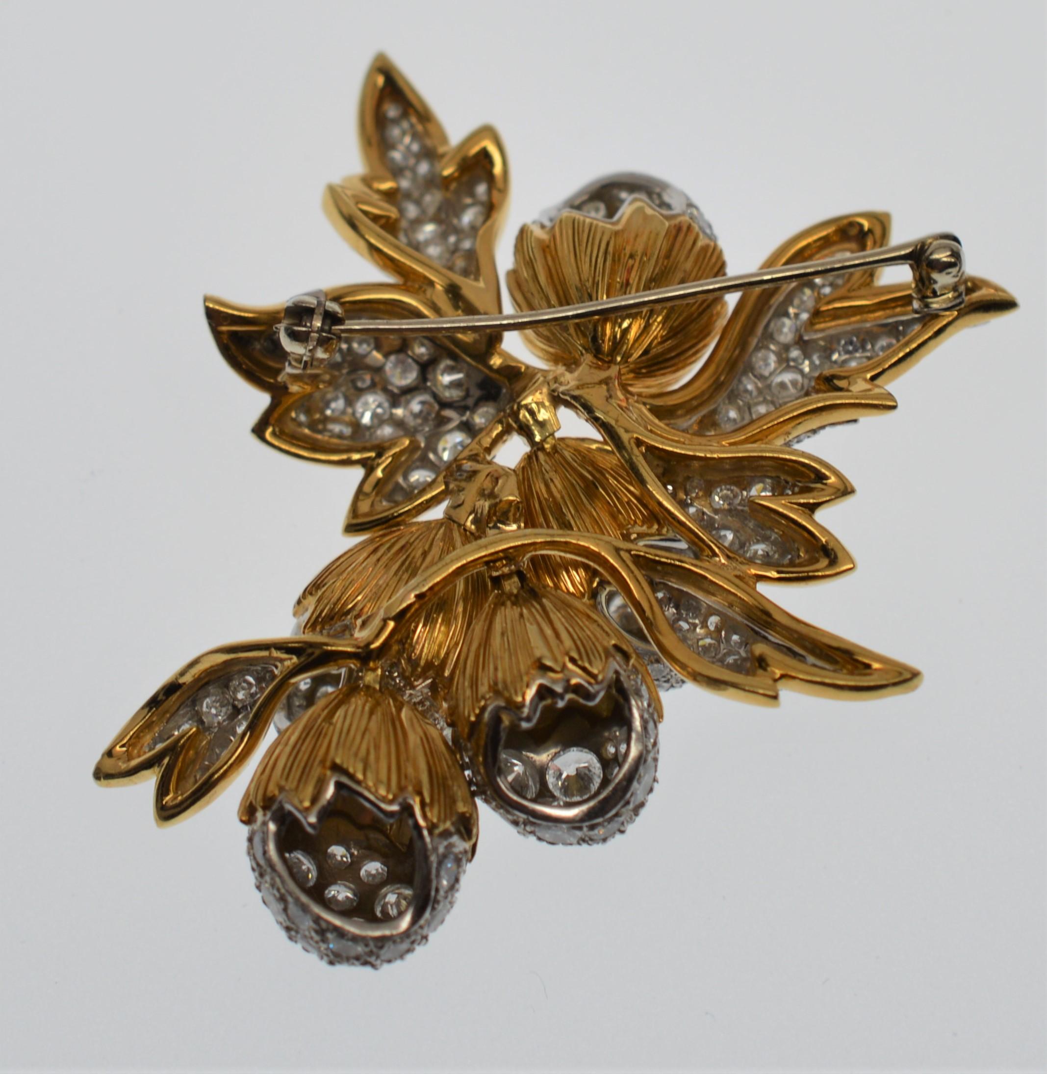 Round Cut Custom 1950's Diamond Gold Platinum Fluttering Acorn Brooch 