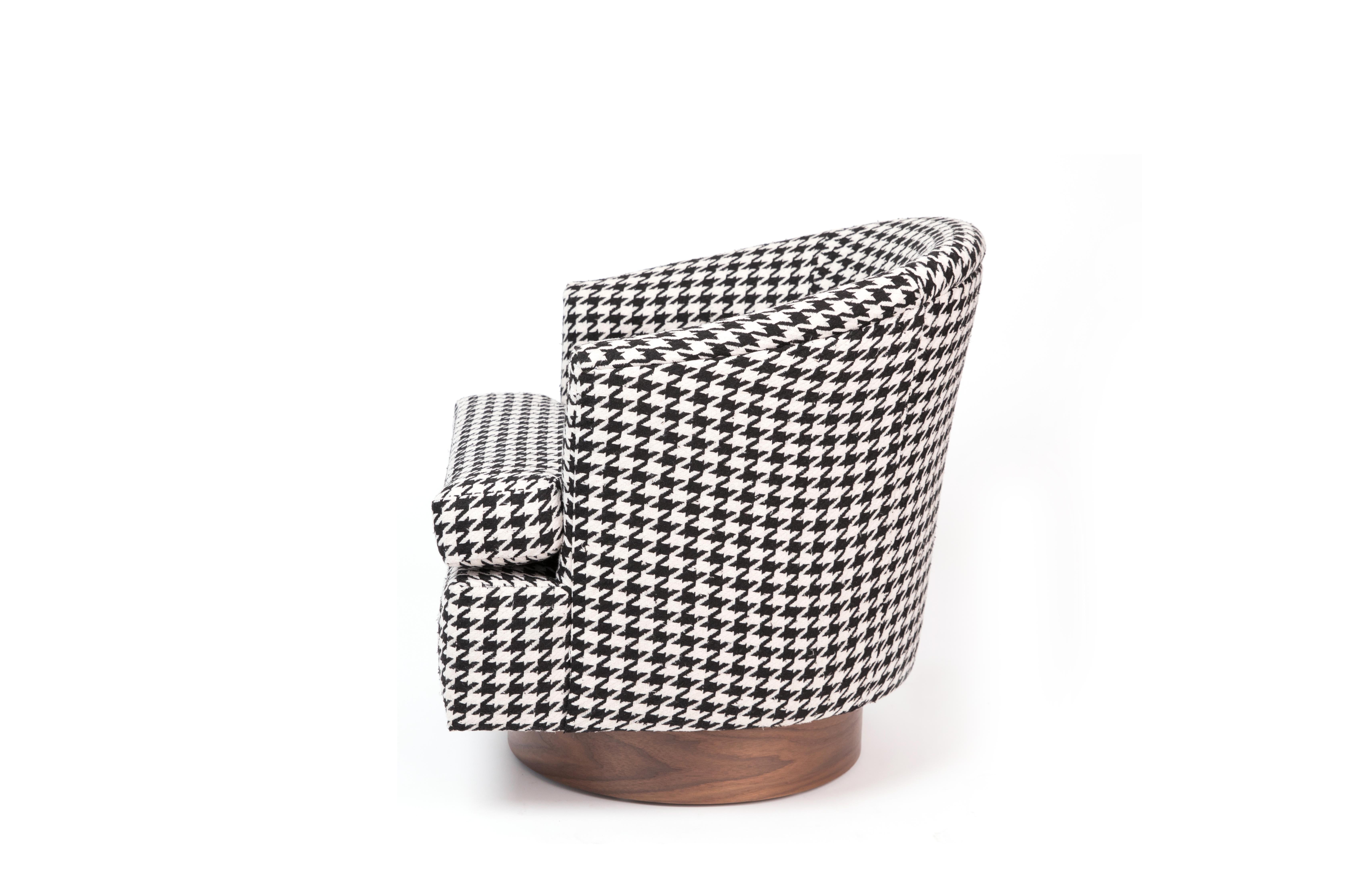 Mid-Century Modern Custom 1960s Houndstooth Swivel Lounge Chairs with Walnut Bases