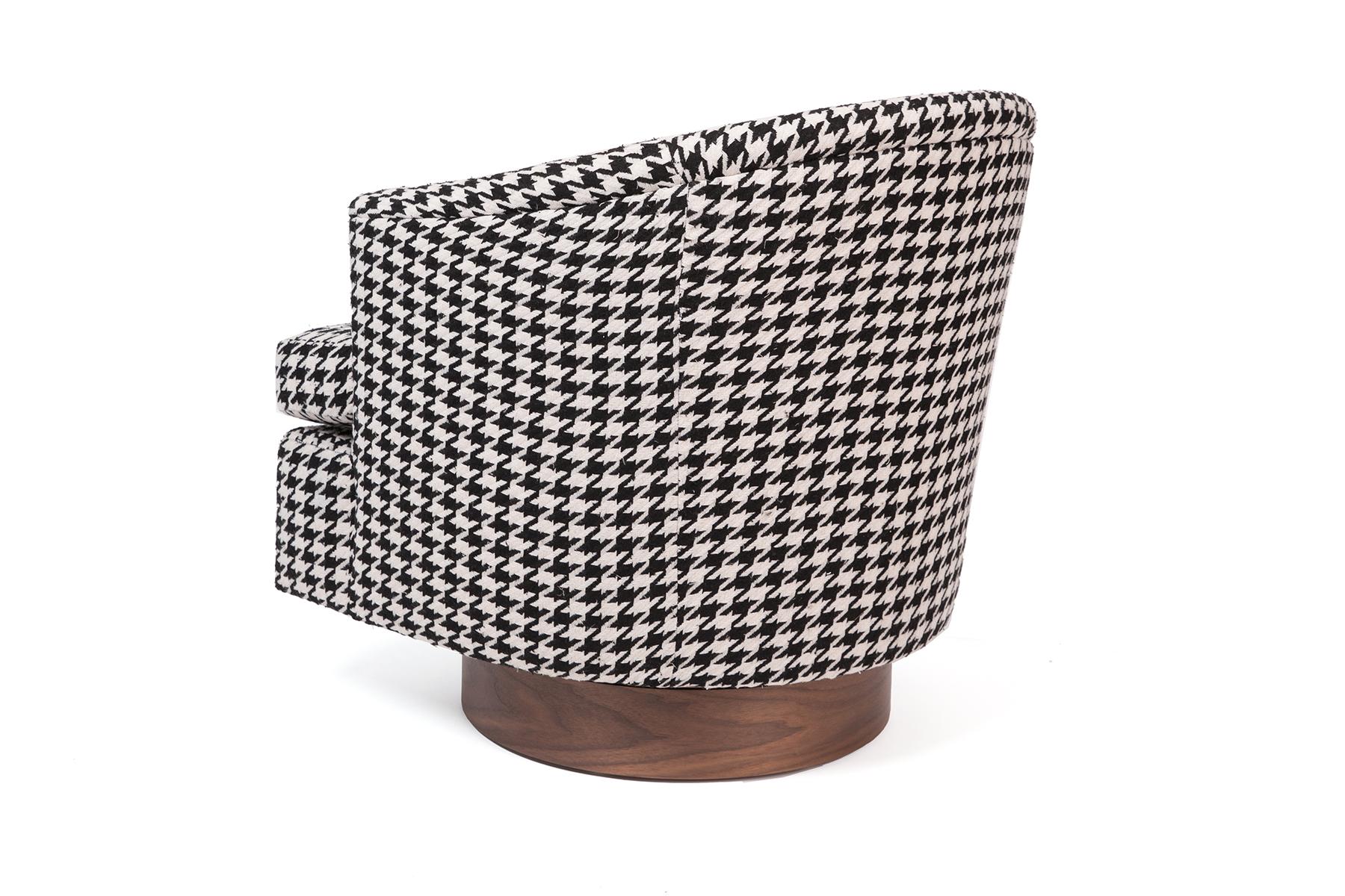 American Custom 1960s Houndstooth Swivel Lounge Chairs with Walnut Bases