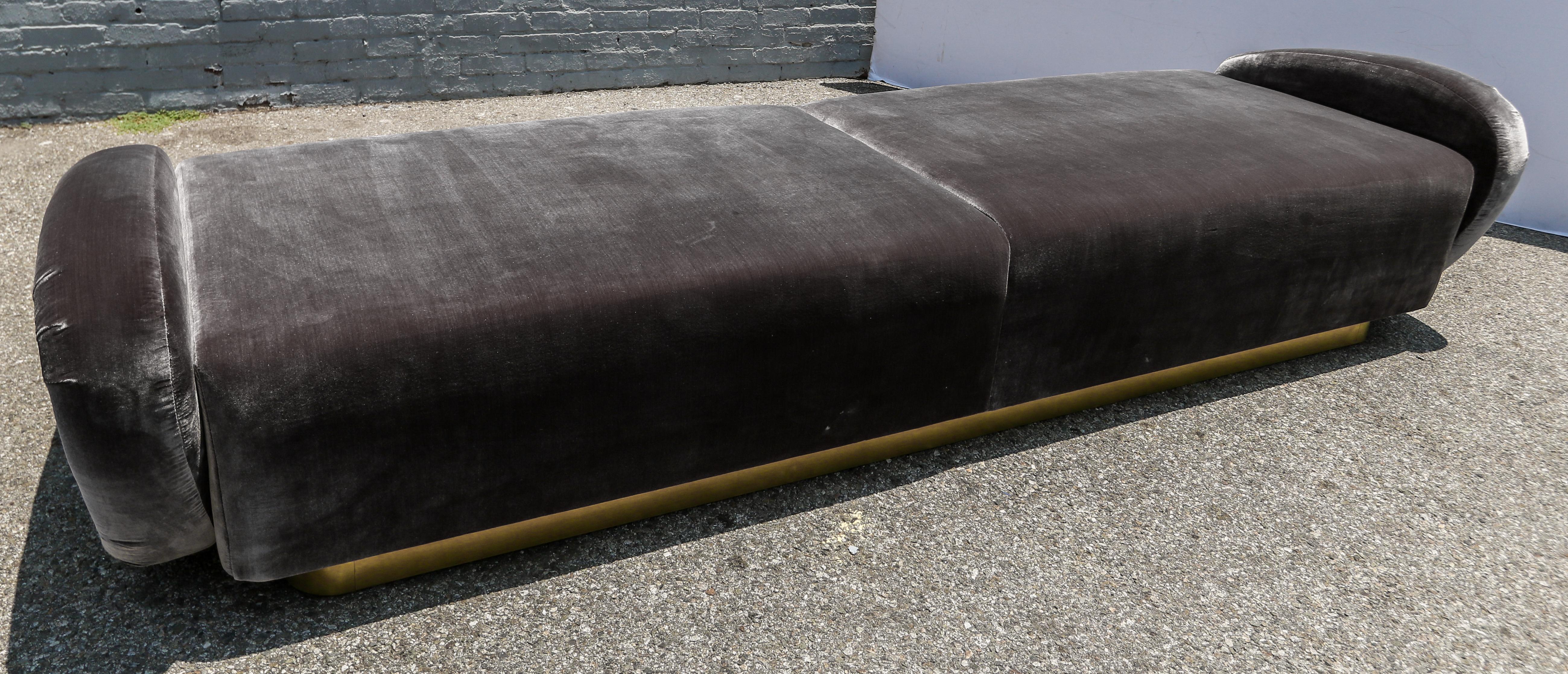 Custom 1960s Italian Style Velvet Sofa or Bench with Brass Base by Adesso Import For Sale 2