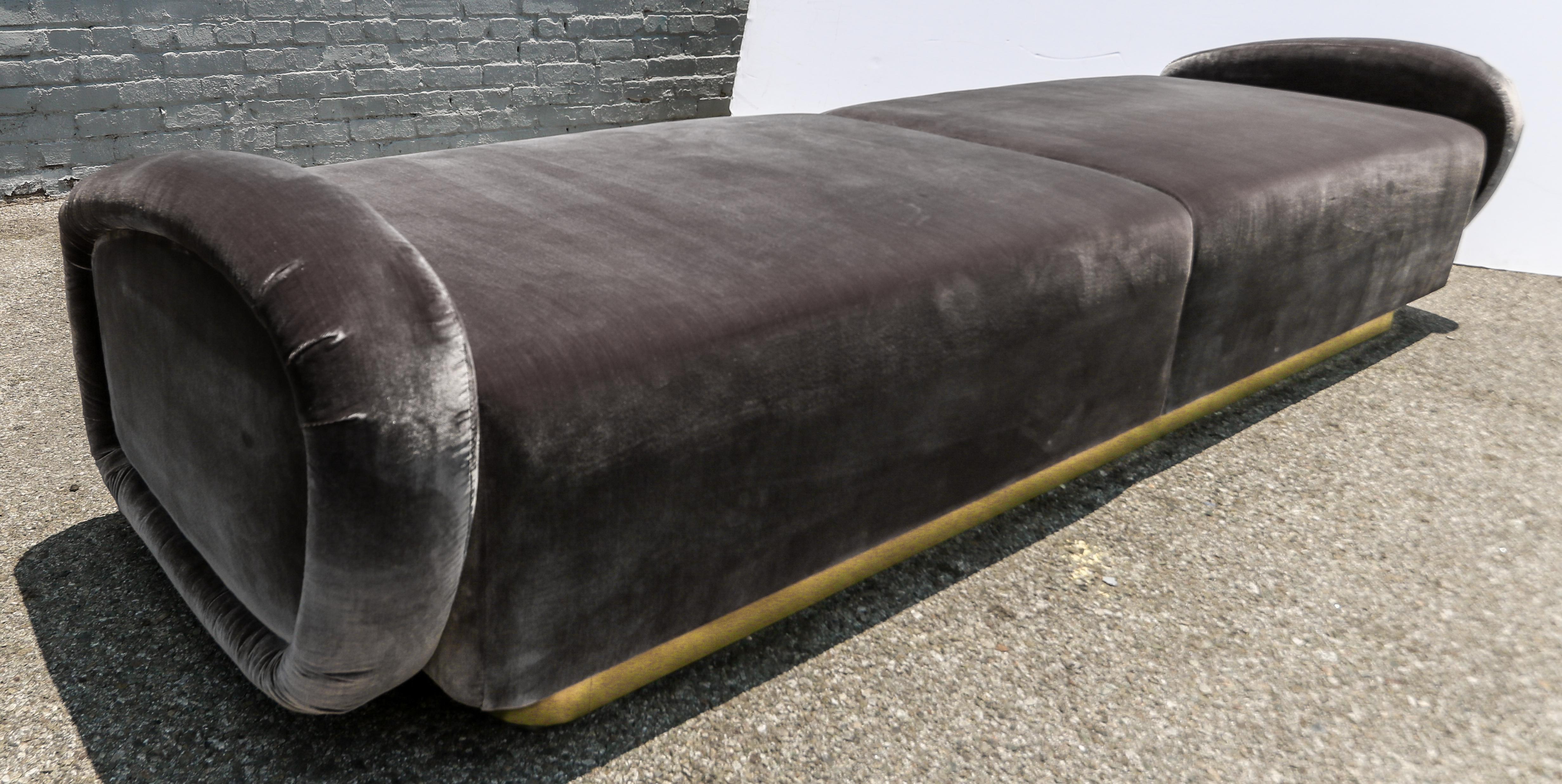 Custom 1960s Italian Style Velvet Sofa or Bench with Brass Base by Adesso Import For Sale 5