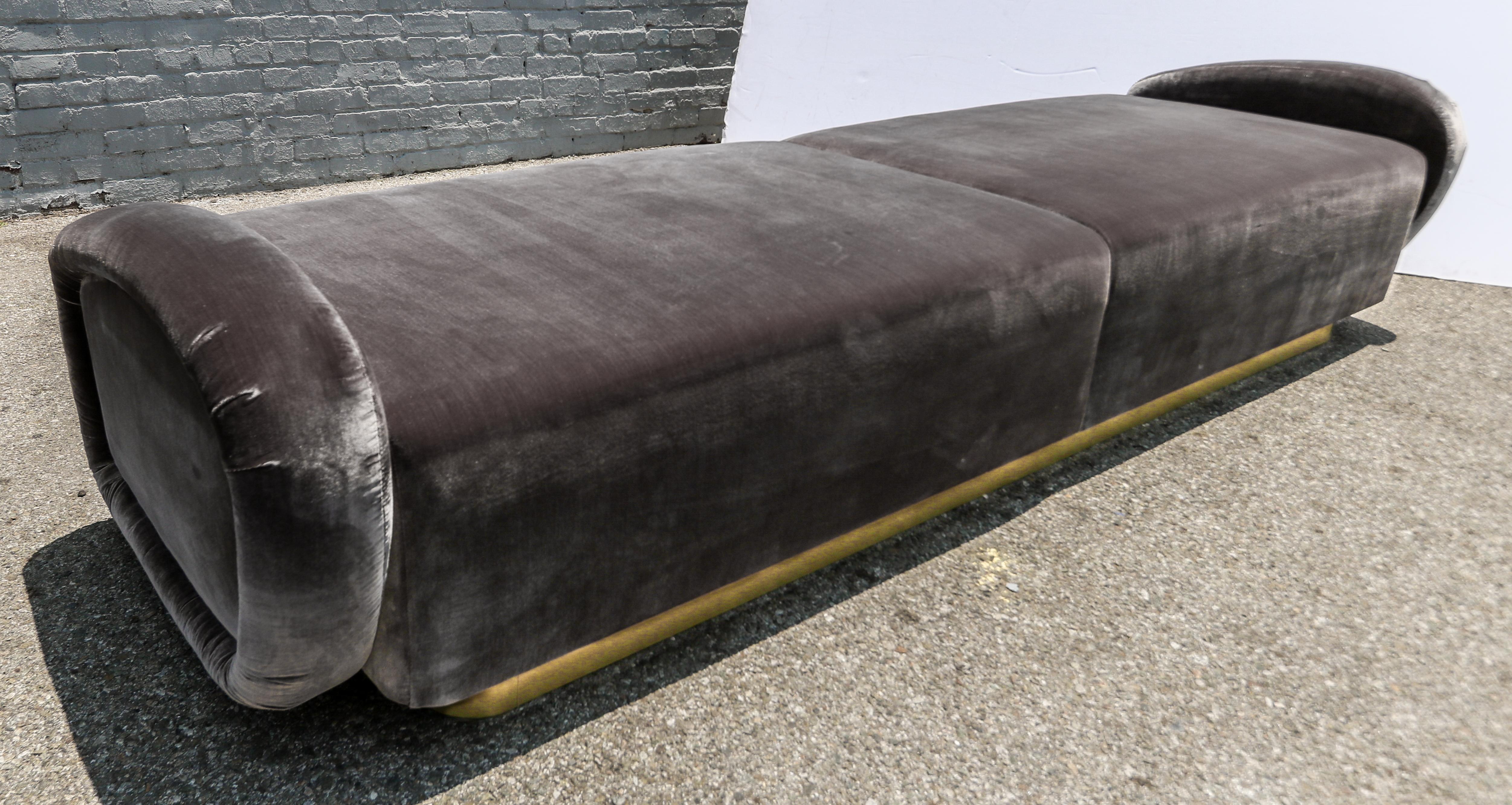 Custom 1960s Italian style sofa or bench with handmade brass base upholstered in grey silk velvet.  Made in Los Angeles by Adesso Imports. Can be done in different sizes, fabrics and colors.