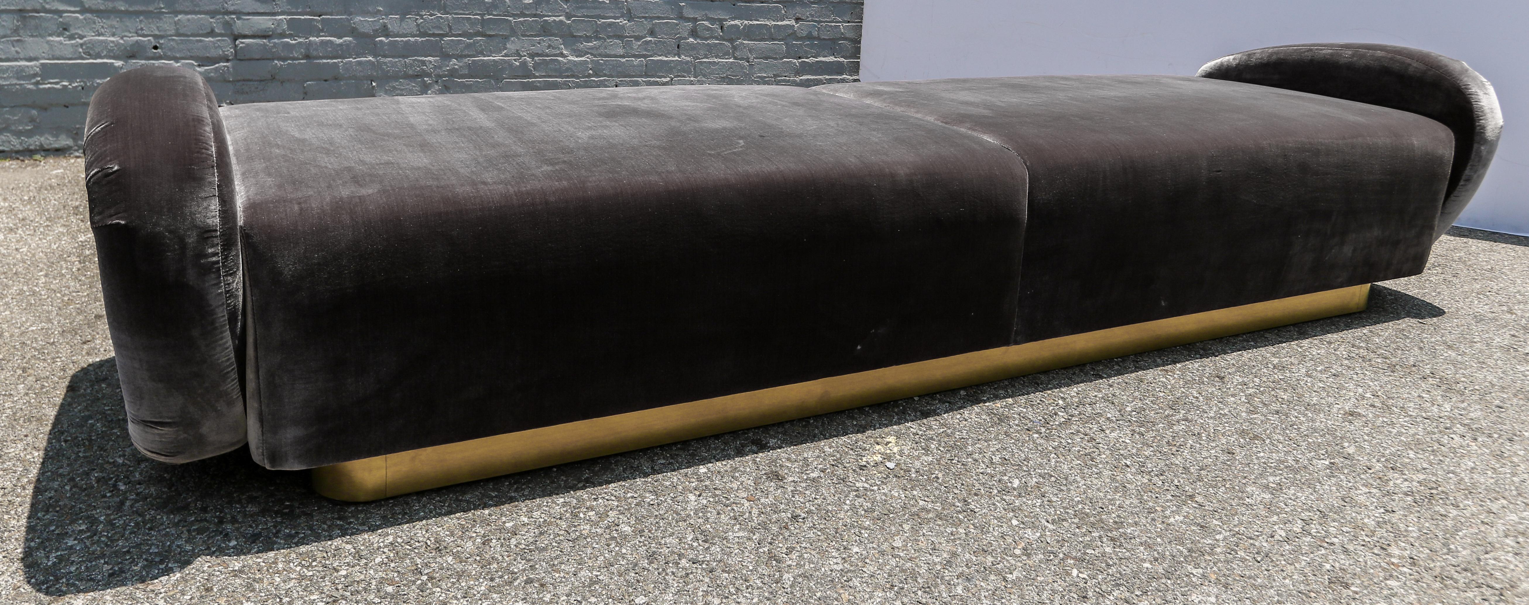 Mid-Century Modern Custom 1960s Italian Style Velvet Sofa or Bench with Brass Base by Adesso Import For Sale