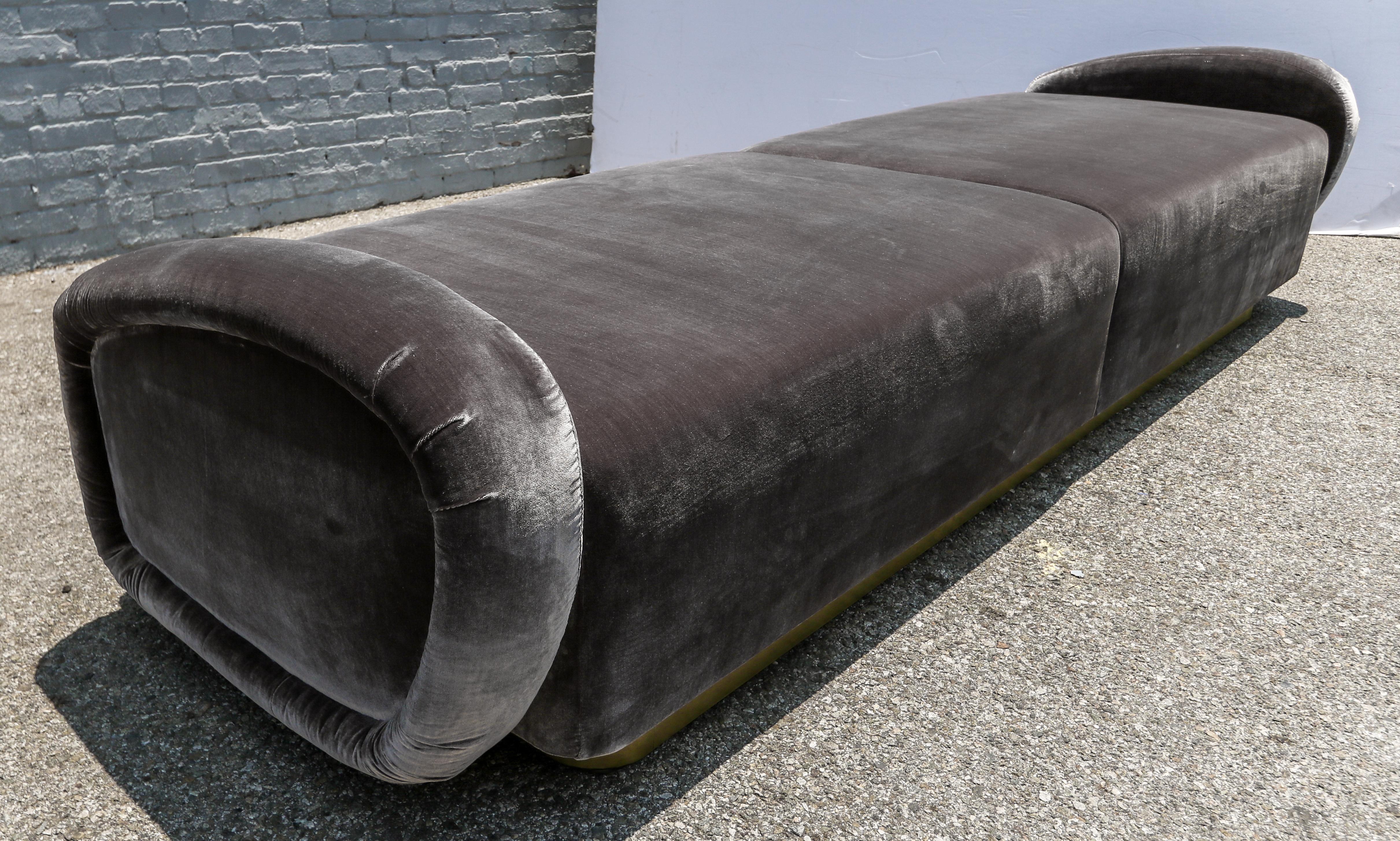 American Custom 1960s Italian Style Velvet Sofa or Bench with Brass Base by Adesso Import For Sale