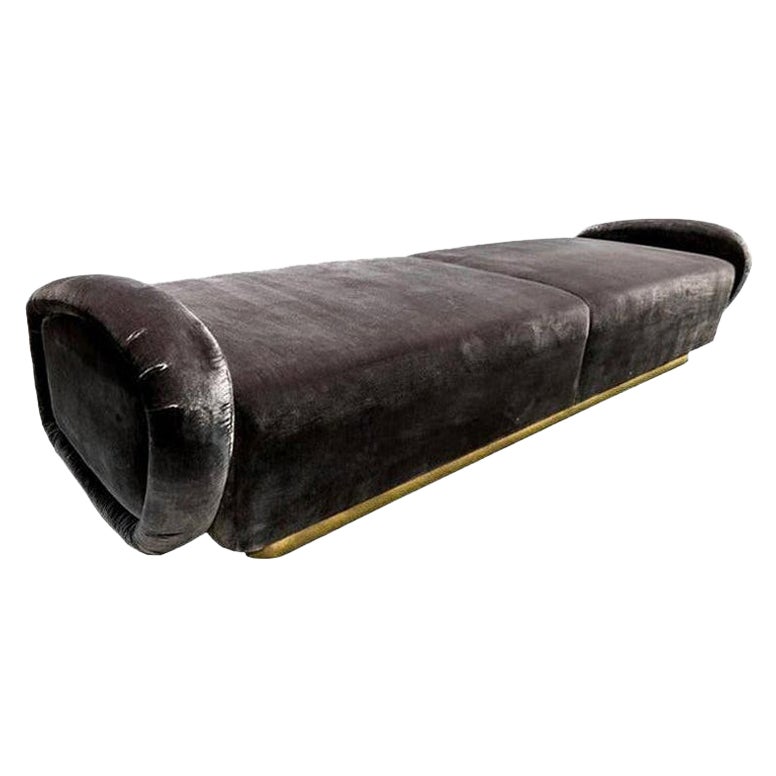 Custom 1960s Italian Style Velvet Sofa or Bench with Brass Base by Adesso Import