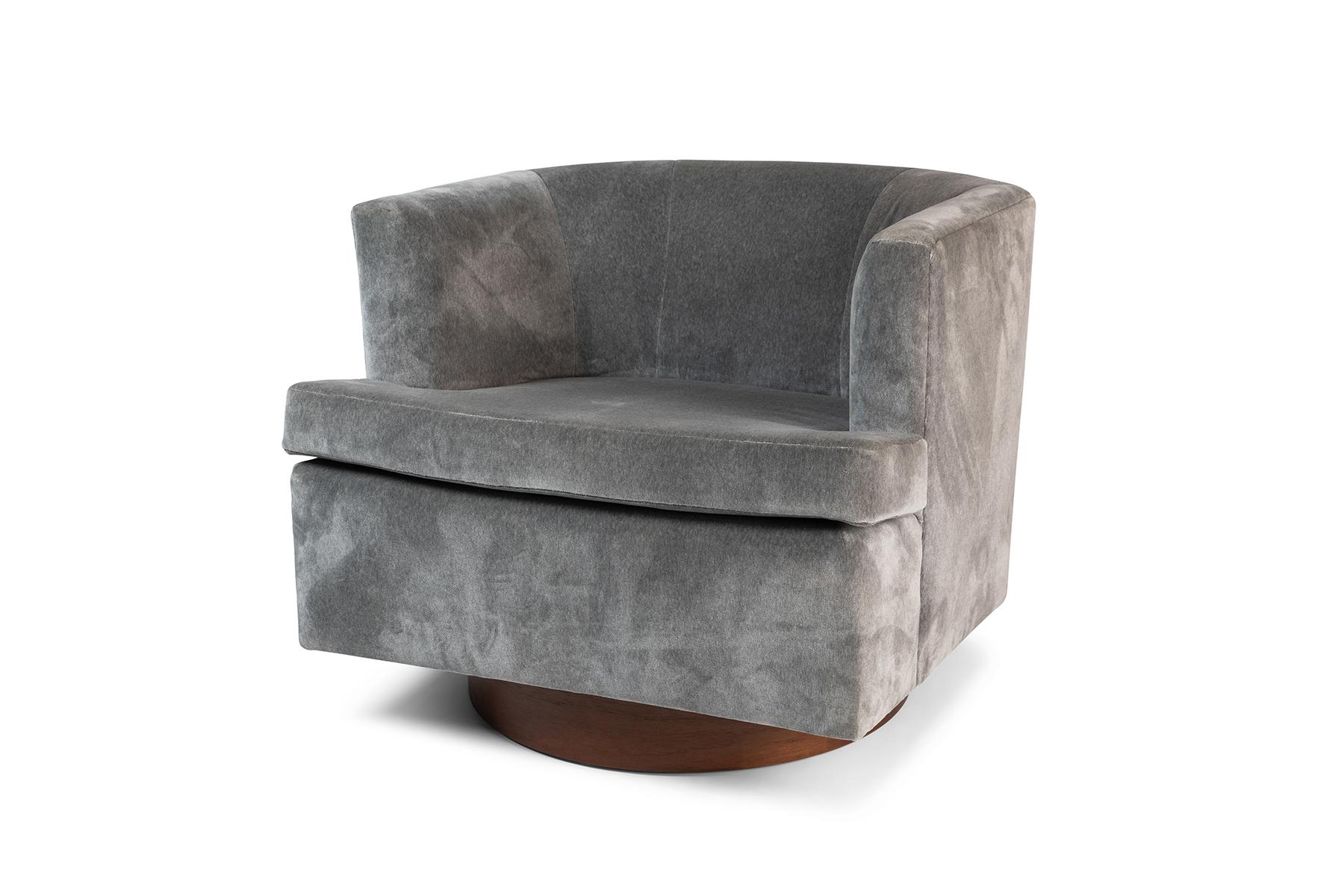 Mid-Century Modern  Custom 1970s Grey Mohair Swivel Lounge Chairs with Walnut Bases