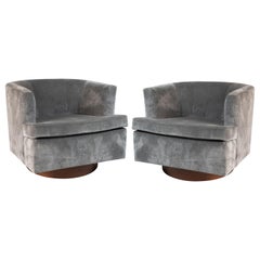 Custom 1970s Grey Mohair Swivel Lounge Chairs with Walnut Bases