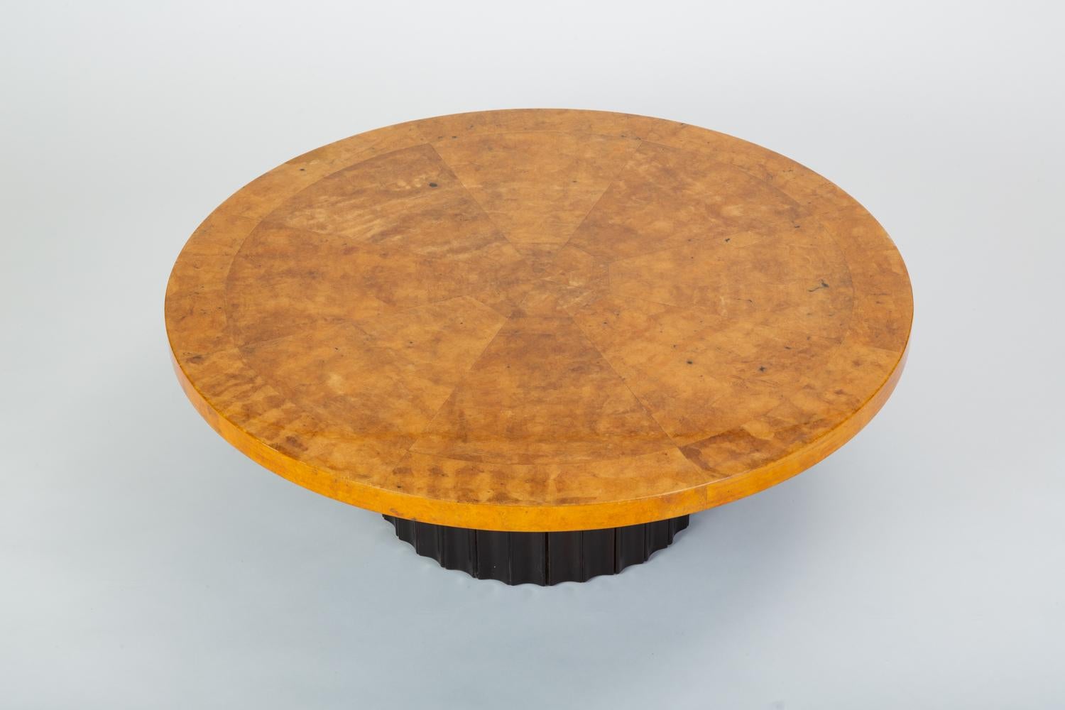 Custom 1970s Round Coffee Table in Lacquered Parchment with Pedestal Base 3
