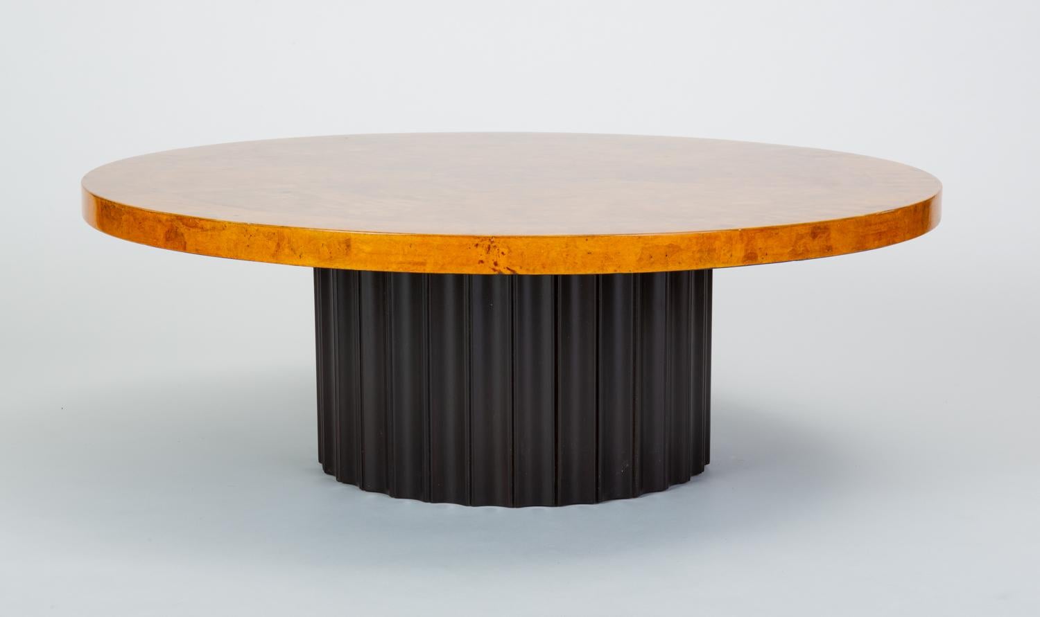 American Custom 1970s Round Coffee Table in Lacquered Parchment with Pedestal Base