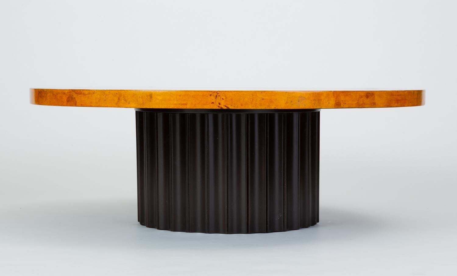 Custom 1970s Round Coffee Table in Lacquered Parchment with Pedestal Base In Good Condition In Los Angeles, CA