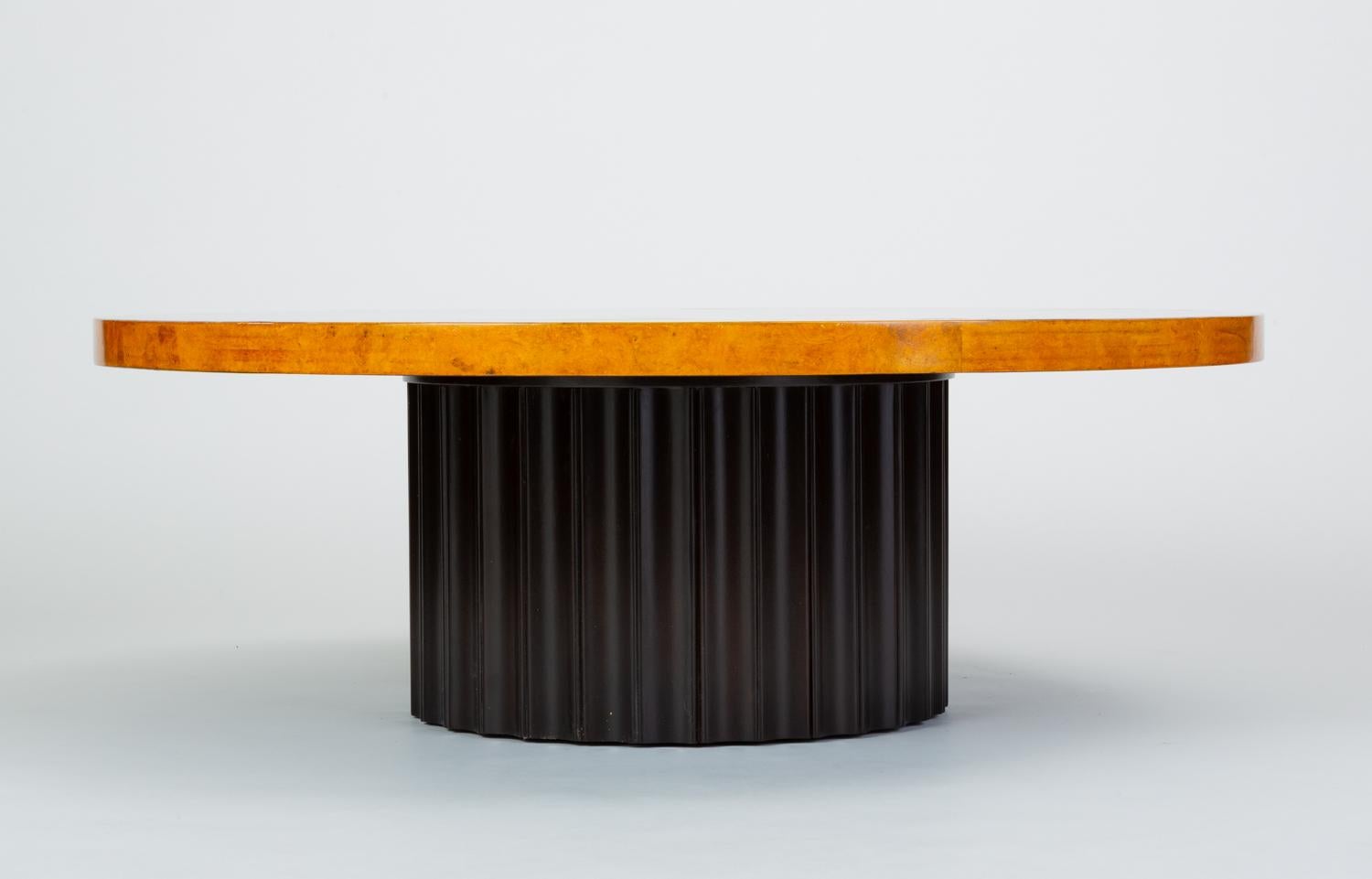 Walnut Custom 1970s Round Coffee Table in Lacquered Parchment with Pedestal Base