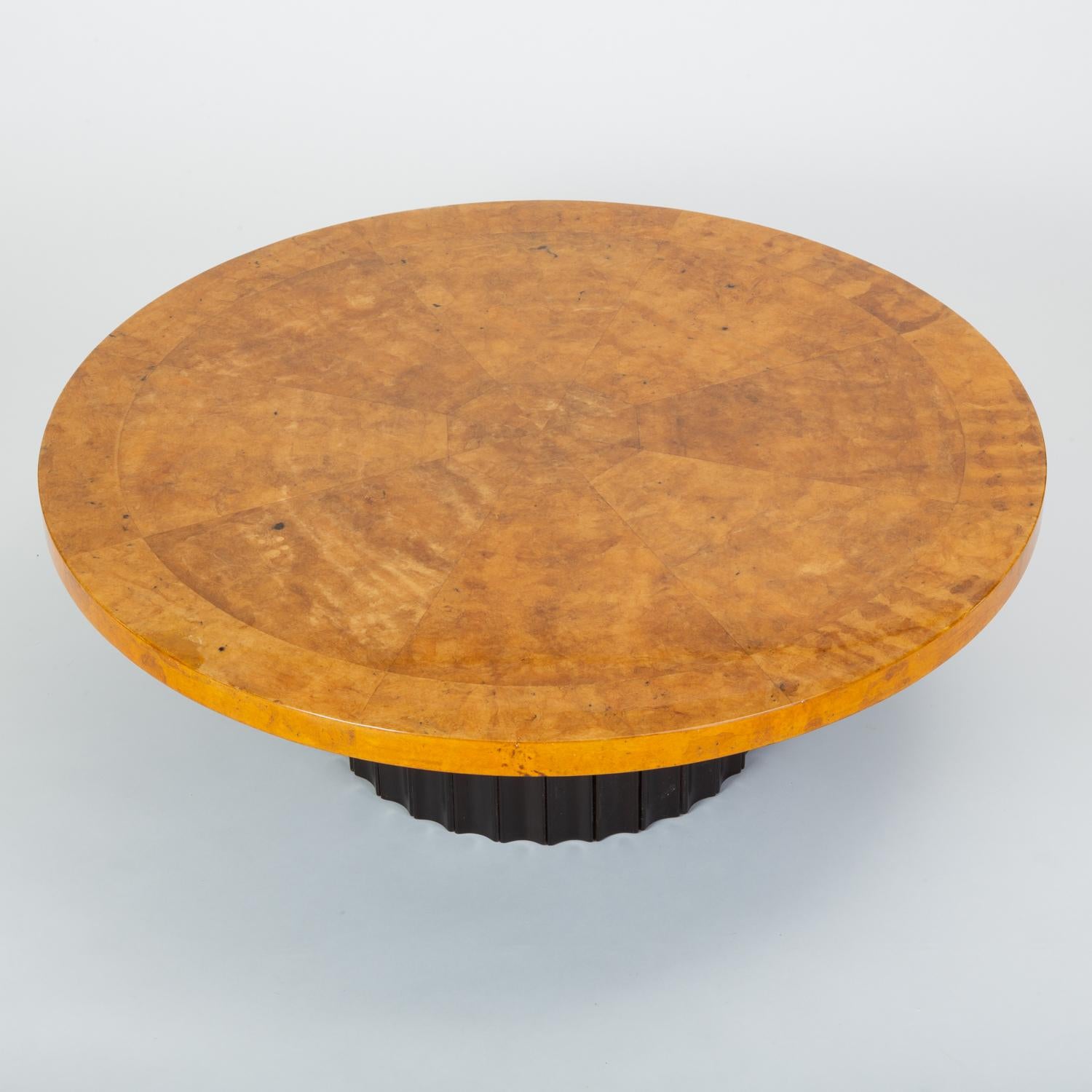 Custom 1970s Round Coffee Table in Lacquered Parchment with Pedestal Base 1
