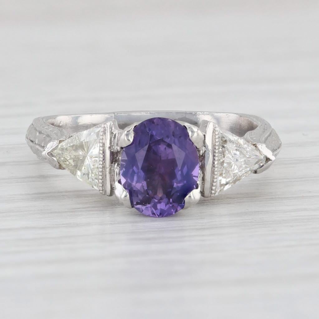 Custom 1.97ctw Purple Sapphire Diamond Ring Platinum 18k Gold Sz 7.75 Engagement In Good Condition For Sale In McLeansville, NC