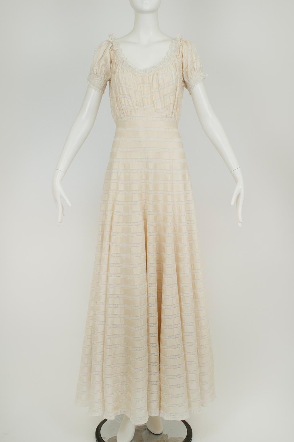 This enchanting wedding gown features a fairytale skirt measuring over 23 feet around but requires no suffocating undergarments to remain full and feminine. Custom made and sparing no expense in the 30s, its style is equal parts Hollywood and