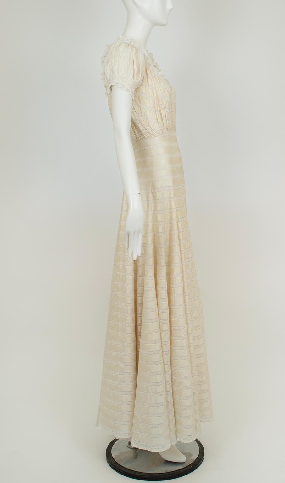 Beige Custom 23' Cream Regency Ribbon Silk and Lace Wedding Gown – XS - S, 1930s For Sale