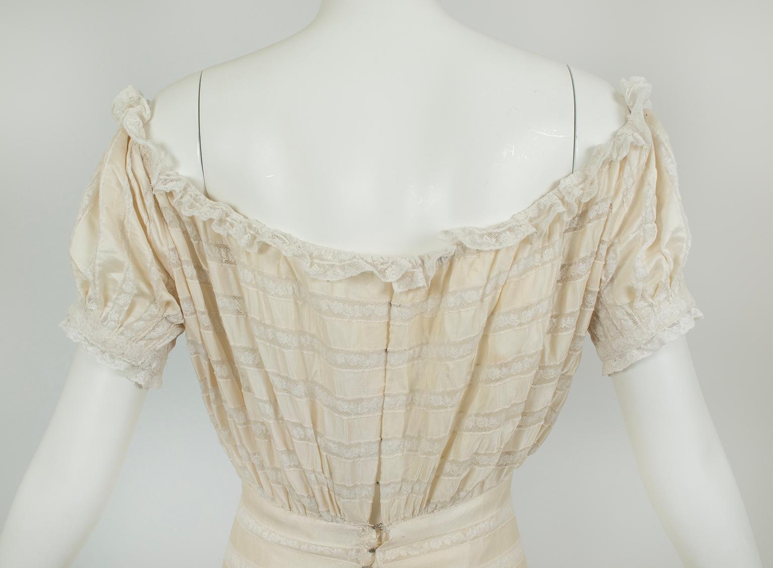 Custom 23' Cream Regency Ribbon Silk and Lace Wedding Gown – XS - S, 1930s For Sale 4