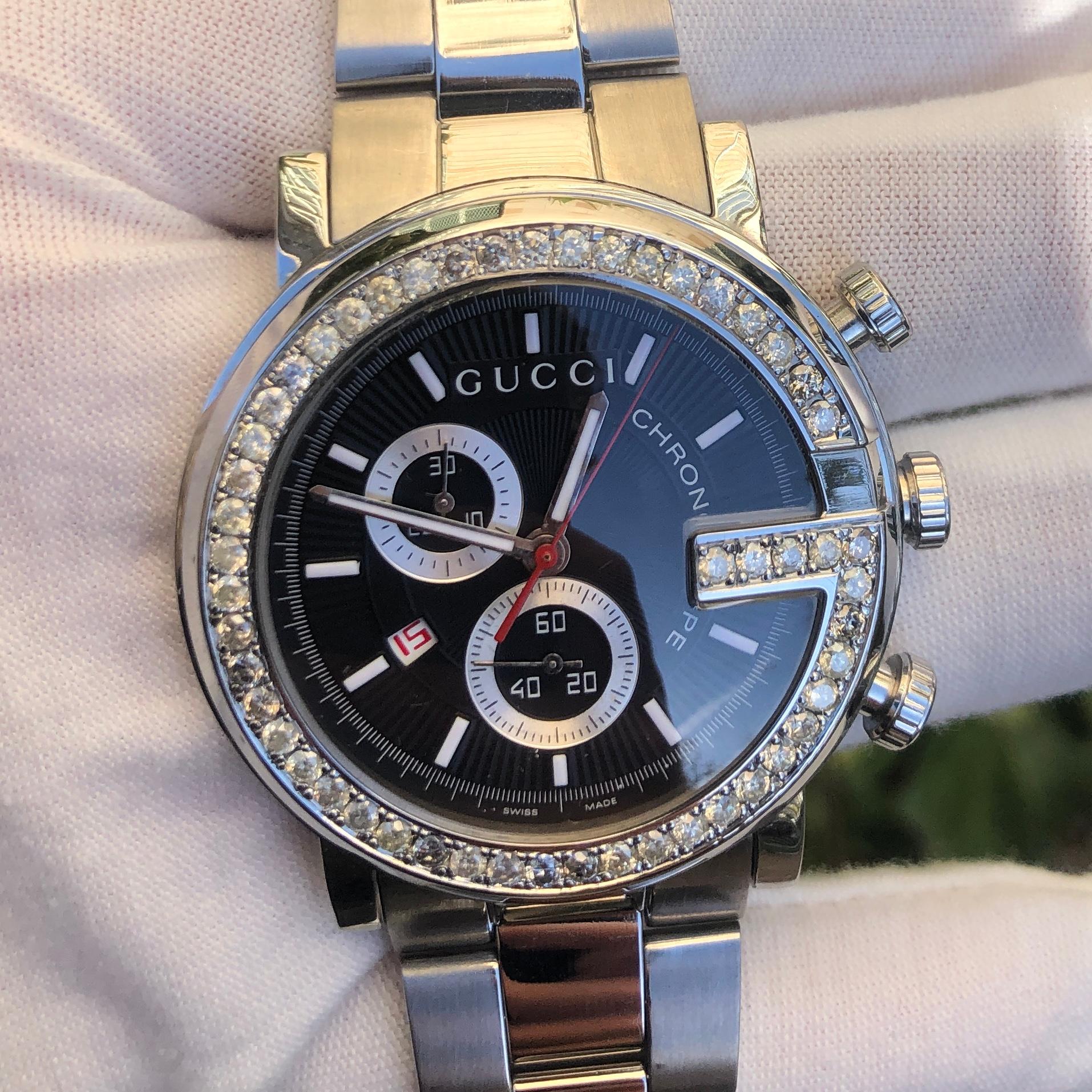Custom 3 Quilates Diamante Gucci G Chrono Cronógrafo Fecha Reloj Swiss Made 1 en venta 1