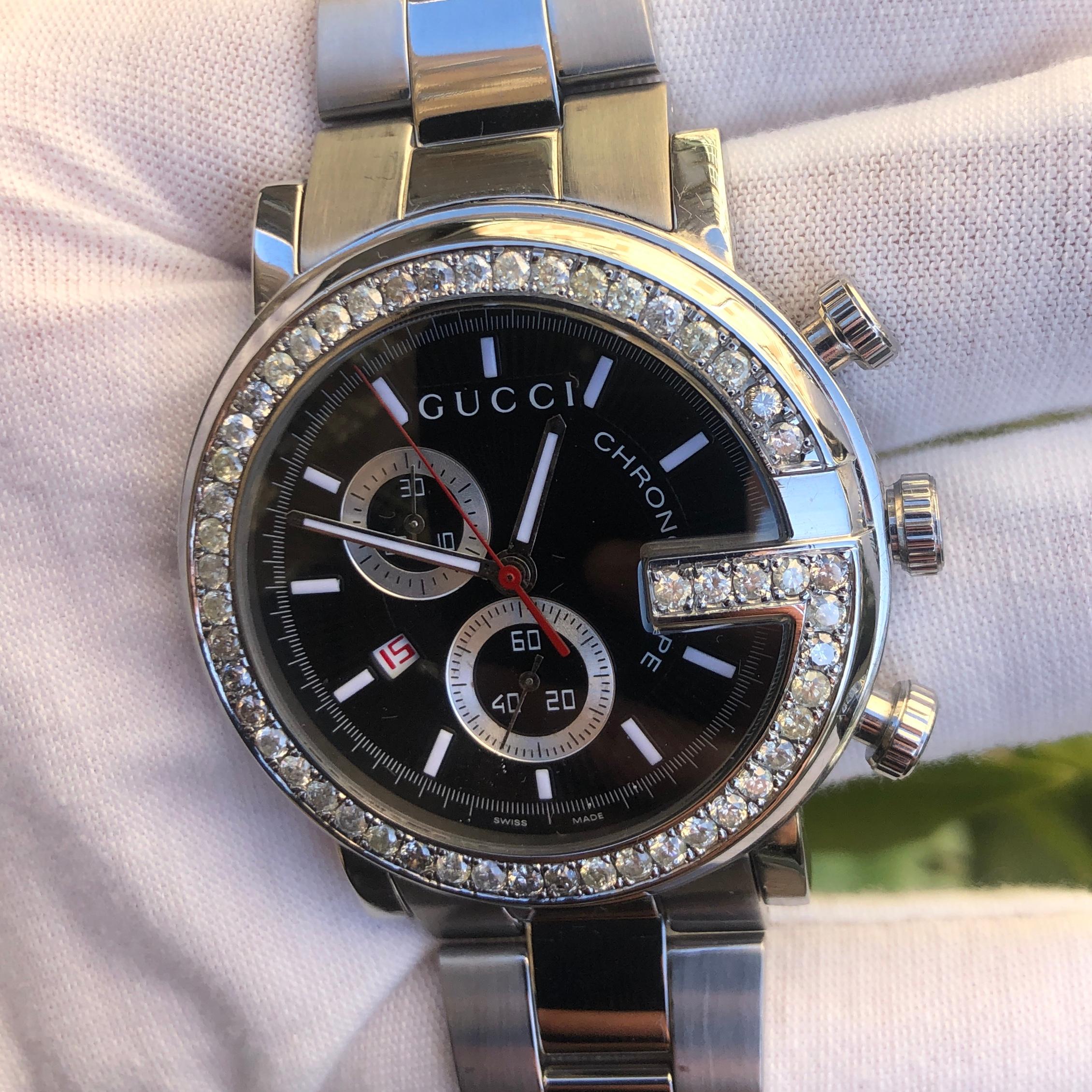 Custom 3 Quilates Diamante Gucci G Chrono Cronógrafo Fecha Reloj Swiss Made 1 en venta 2