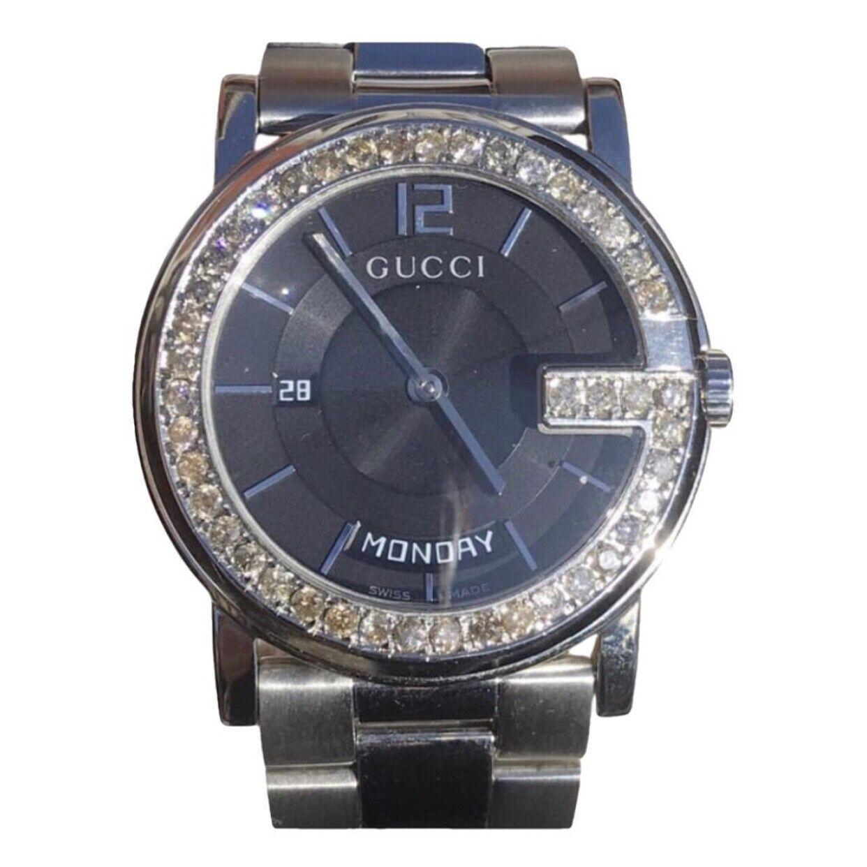 Custom 3 Carat Ct Diamond Gucci G Day Date Swiss Made Black-dial Watch Certified For Sale
