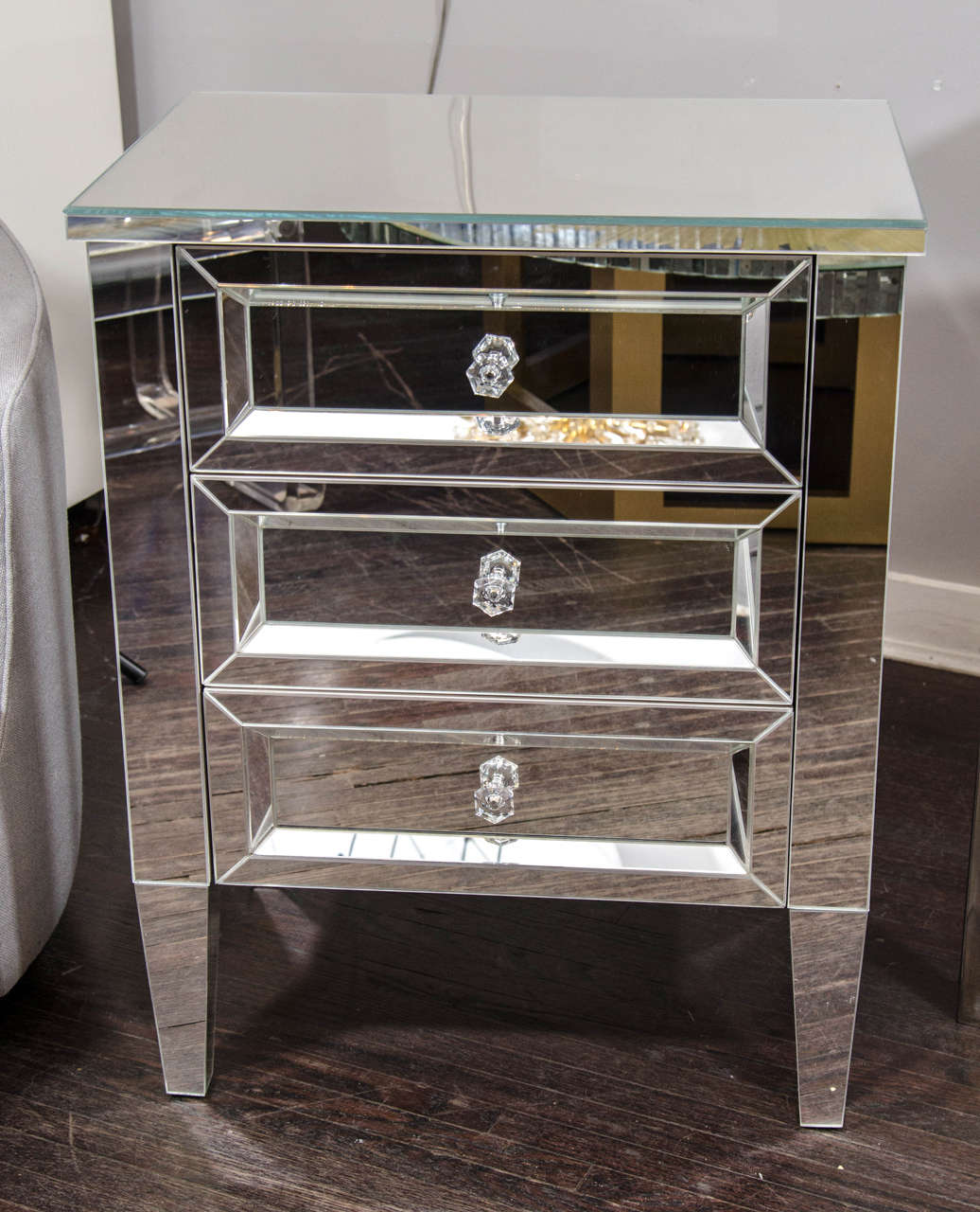 Custom 3-drawer mirrored nightstand. Custom orders are available for a pair, different sizes and with customer owned hardware.
