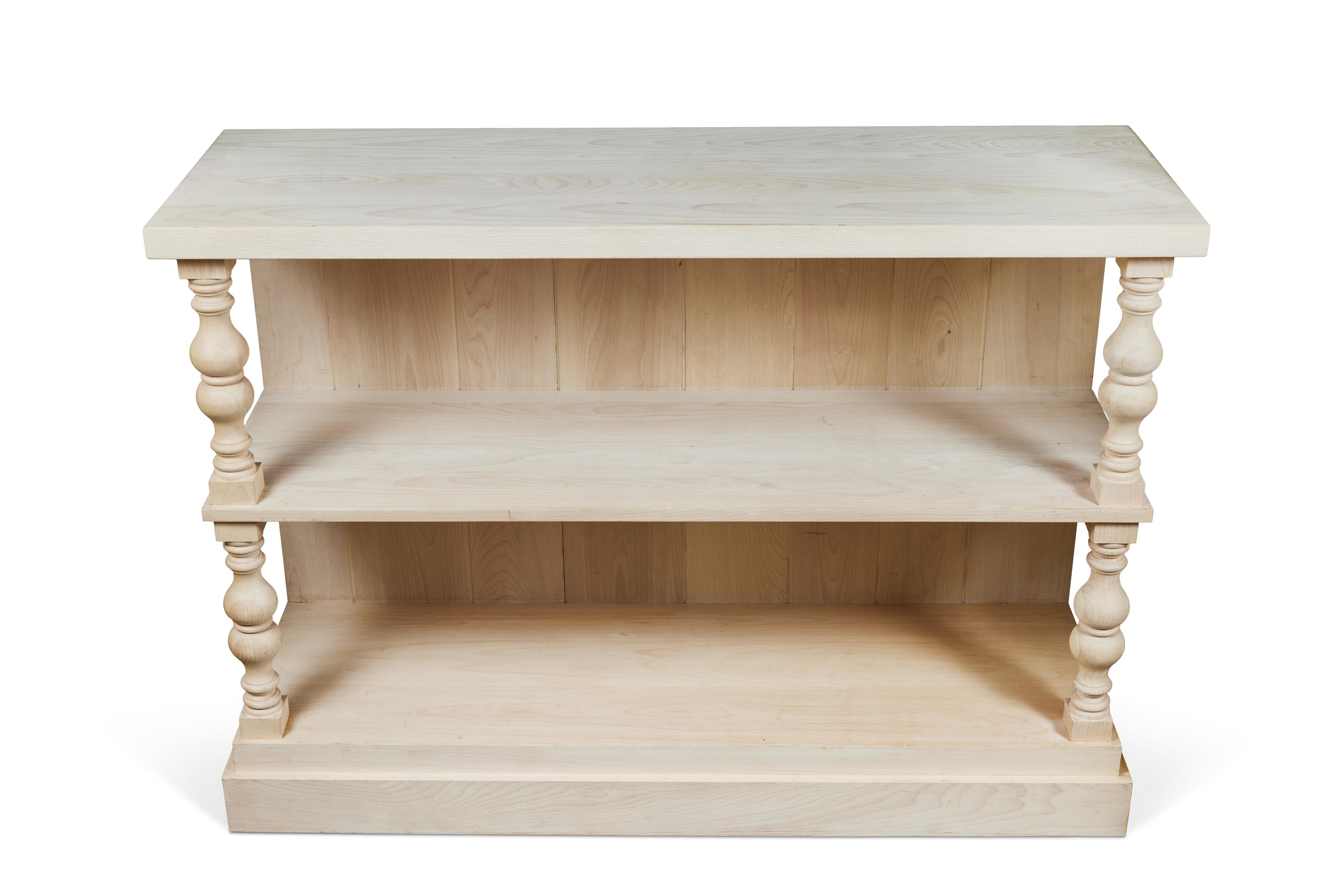 Custom 3-Tier Wall Console with Shelves, Turned Wood Column Accent In Excellent Condition For Sale In Pasadena, CA