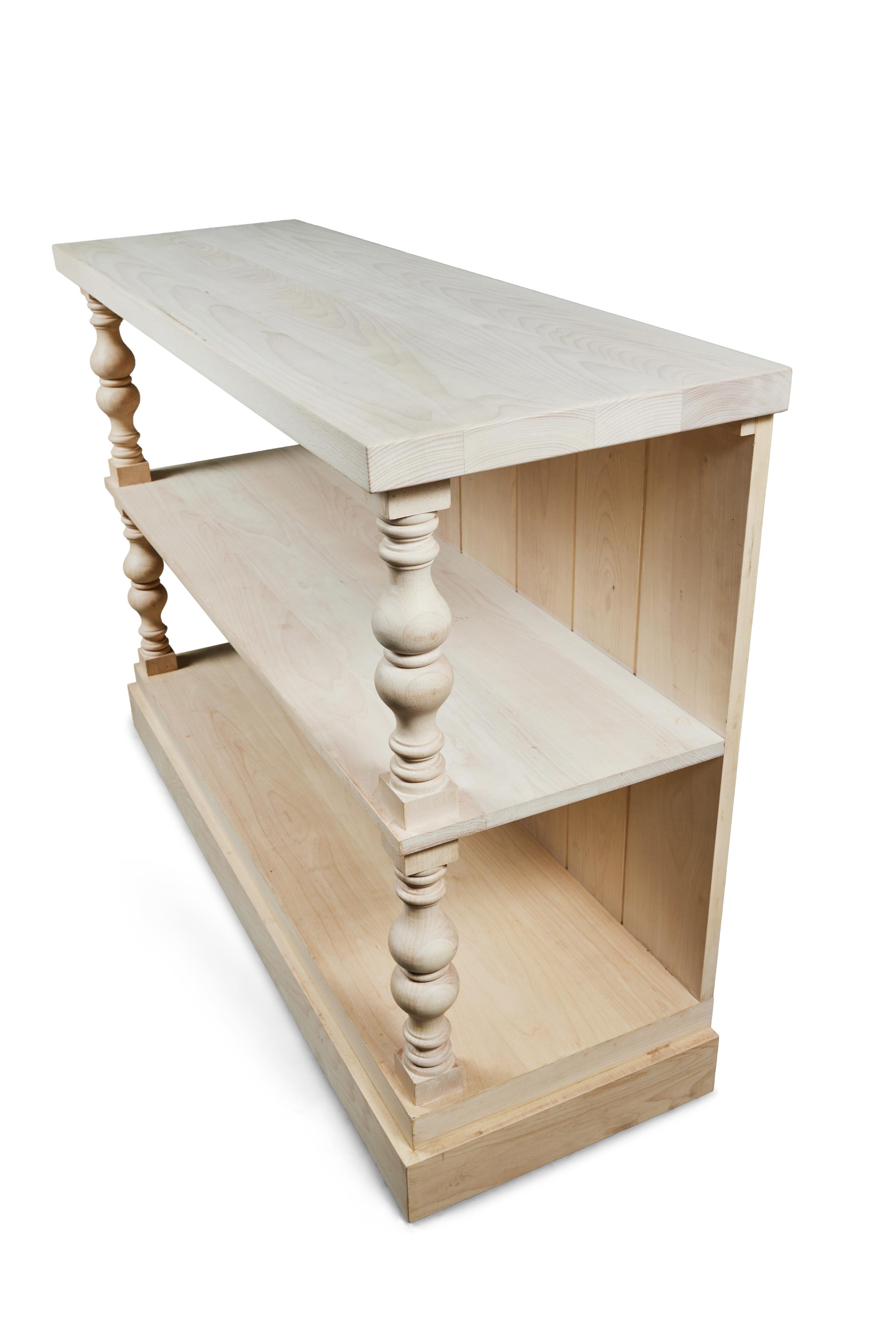 Contemporary Custom 3-Tier Wall Console with Shelves, Turned Wood Column Accent For Sale